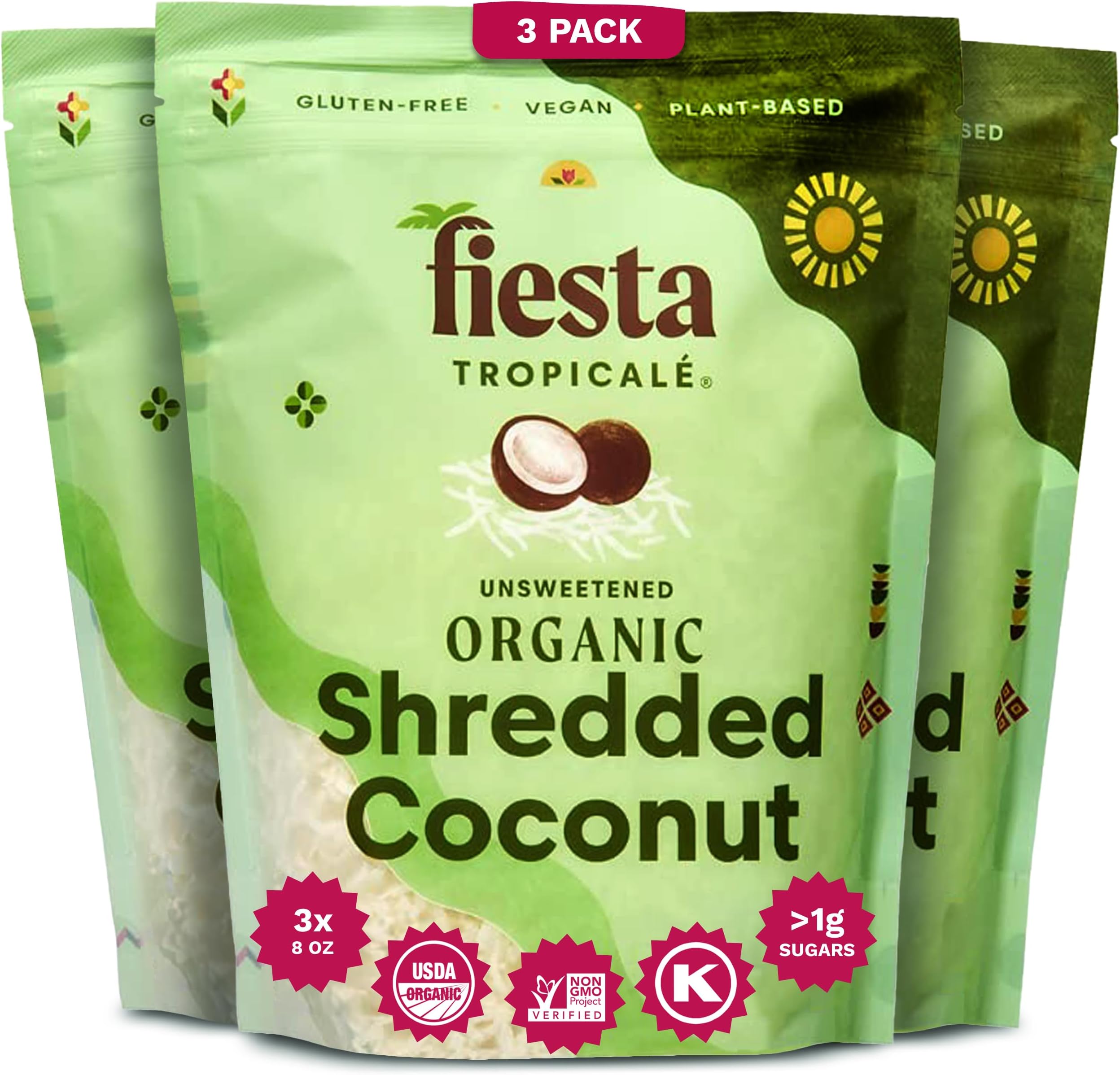Unsweetened Shredded Coconut - 8 Oz, Pack of 3 - Gluten-Free, Raw, Organic Dried Coconut Flakes - Perfect for Vegan Baking, Cooking, Smoothies, Granola, and Keto Recipes - Fiesta Tropicalé