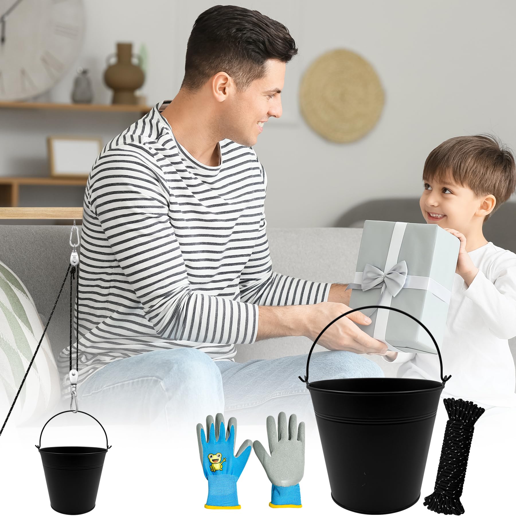 TZEKING Polea para Niños,Polea con 2 Cubo de Metal,Accesorios de casa de árbol para niños,polea con Cable de Cubo,Sistema de Polea para Niños,polea para niños,para Niños y Niñas a Partir de 3 Años
