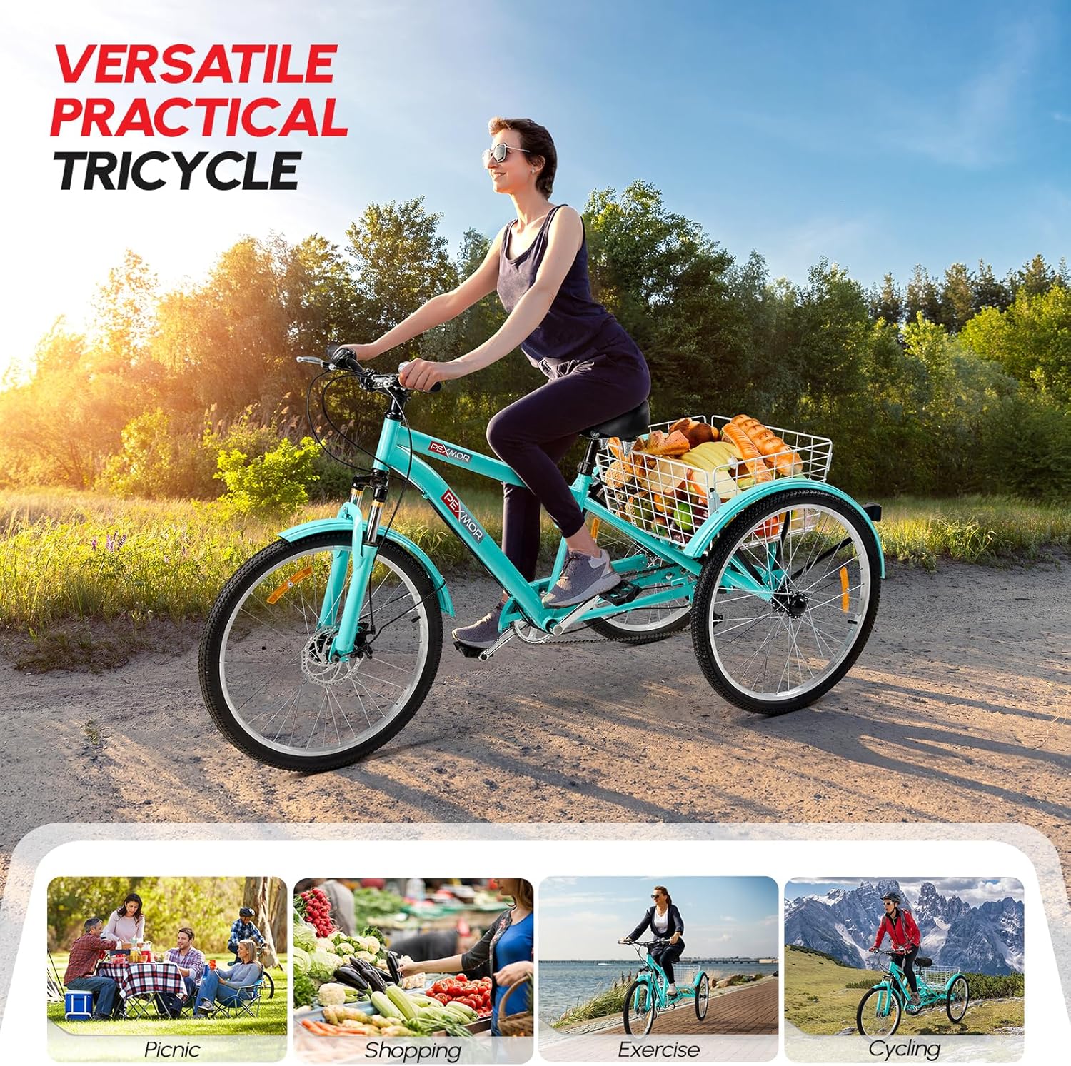 PEXMOR Mountain Tricycle for Adults, 7-Speed Adult Trike 3 Wheel Bikes, 24/26 Inch 3 Wheeled Mountain Bikes with Large Basket,Disc Brake for Shopping/Recreation/Picnic