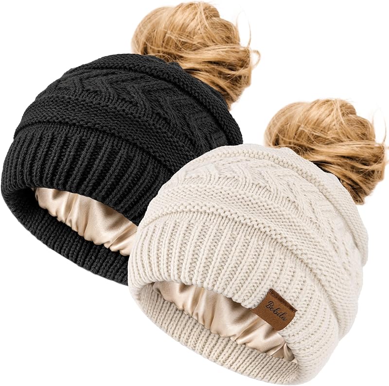 2 Pack Ponytail Beanies for Women,Satin Lined Winter Knit Hat | Silky Lining with Ponytail Hole, Anti-Static,Warm & Soft Hat for Messy Bun Casual Running Workout Gifts