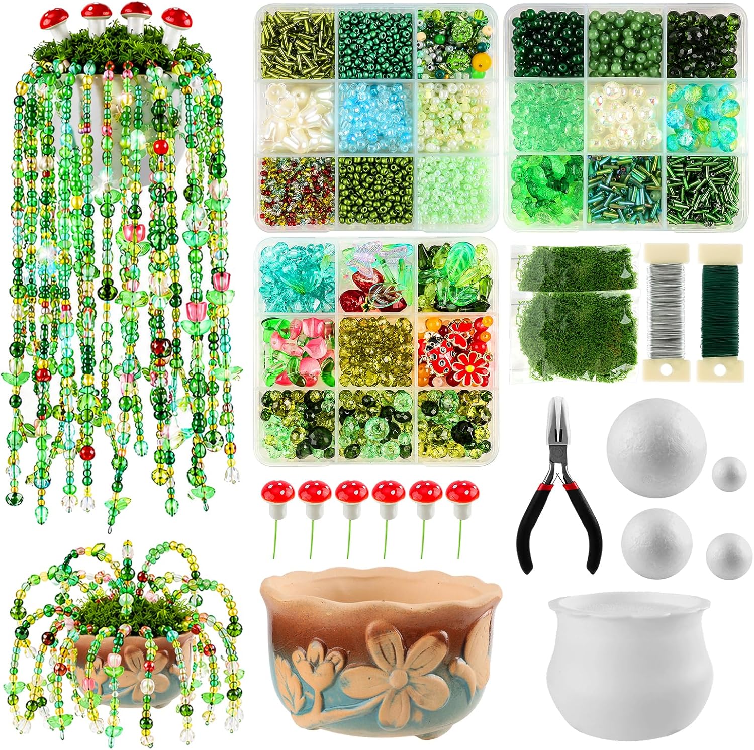 Tarklanda 5450 Pcs Green Glass Beaded Plant Kit, Crystal Leaf Flower Beads for Jewelry Making DIY Crafts Kit for Forever Plant Lovers Women Gifts with Plant Pot