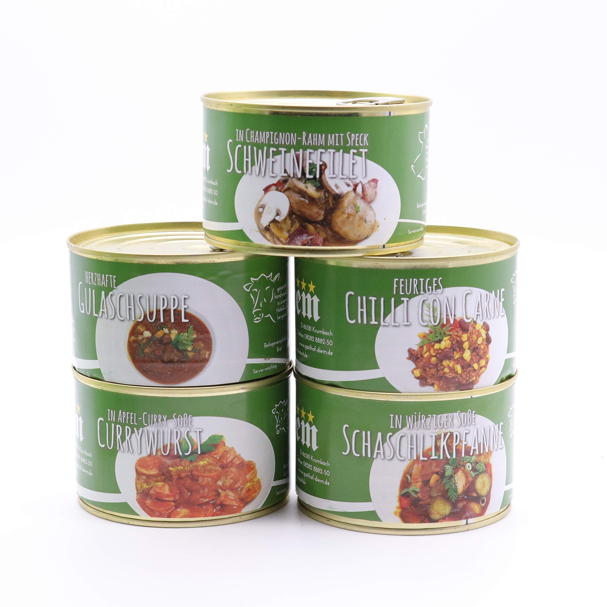 Diem Genießer-Rationspaket – 8 Tage / 8 Menüs (15 x 400 g Dosen) – Schweinebraten, Gulasch, Sauerbraten, Rinderbraten & mehr – Notvorrat, Camping, Outdoor – Hergestellt in Bayern, lange Haltbarkeit