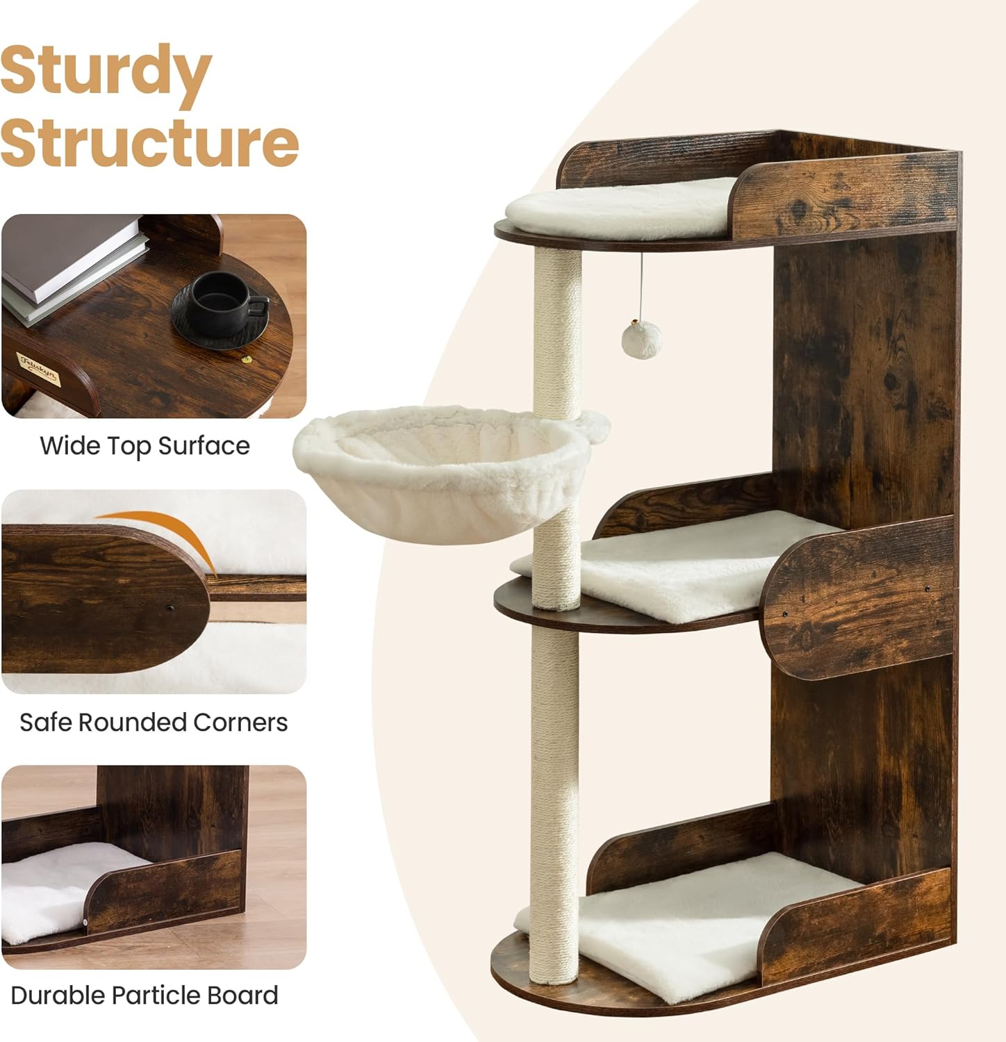 Modern Wood Cat Tree Tower for Indoor Large Cats, Cat Scratching Posts with Big Perch Bed, 44.8" Tall Multi-Level Wooden Cat Condo with Hammock, Removable Pads, Kitty Furniture, Rustic Brown