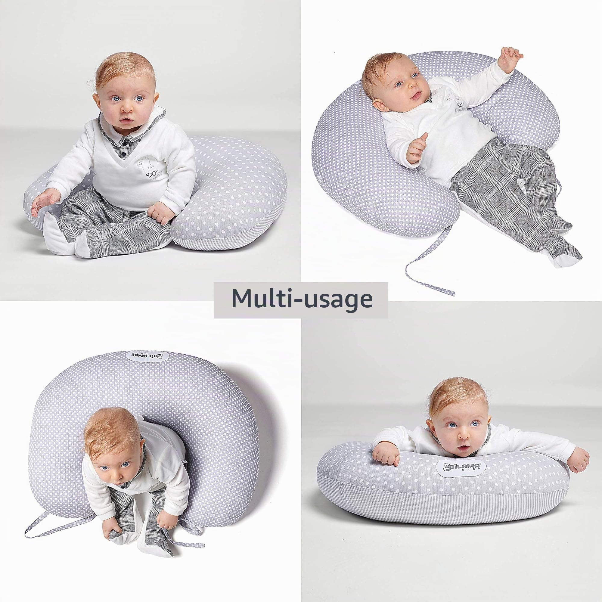 Dilamababy Coussin Allaitement avec 2 Taies d'oreiller 100% Coton Certifié Oeko-Tex Déhoussable Lavable Polyvalent Coussin d'allaitement et Support Bébé