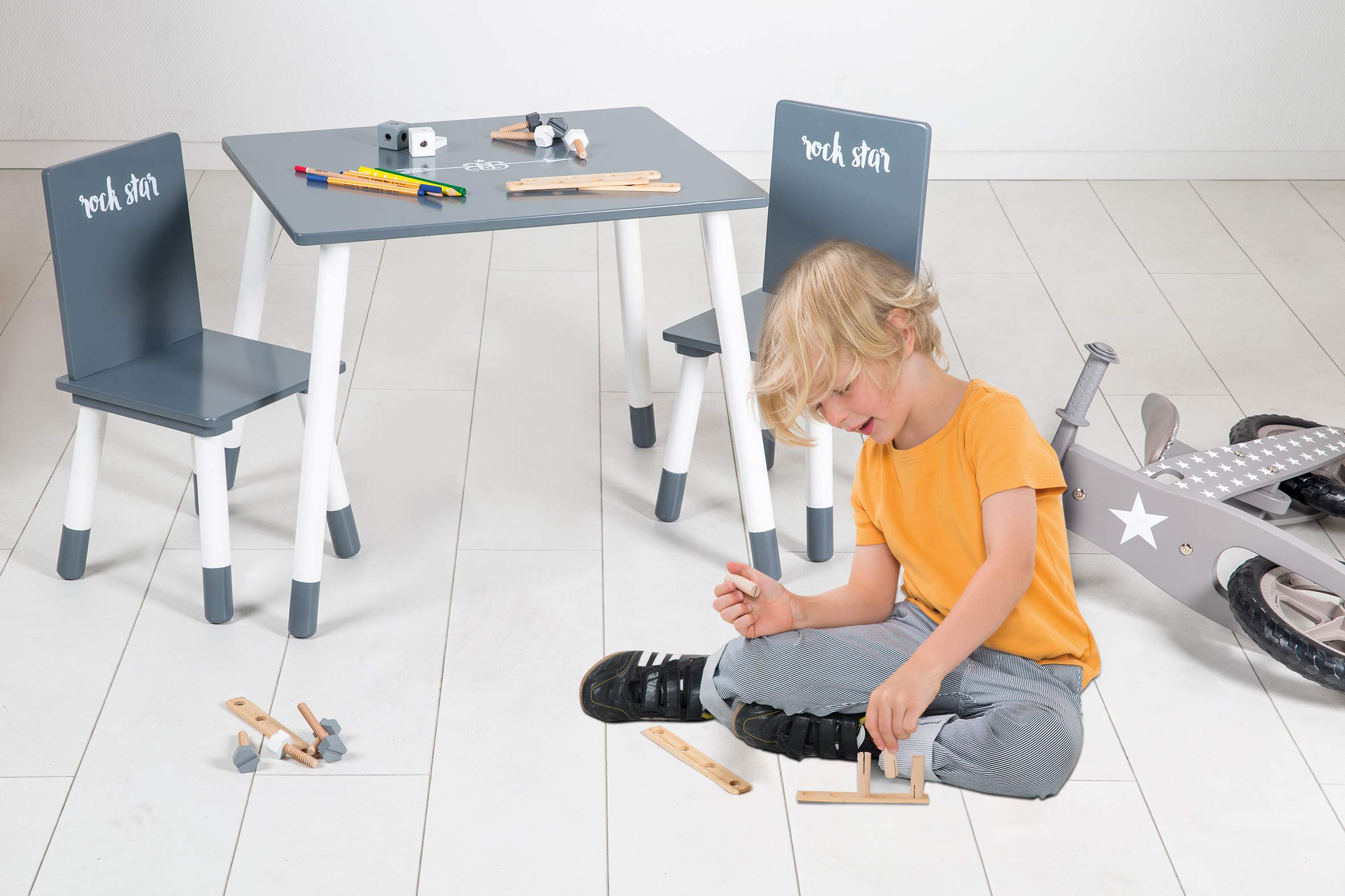 roba Ensemble Table + 2 Chaises Enfants "Rock Star Baby 3" - Pieds en Bois Massif - Style Scandinave - Gris Foncé/Blanc