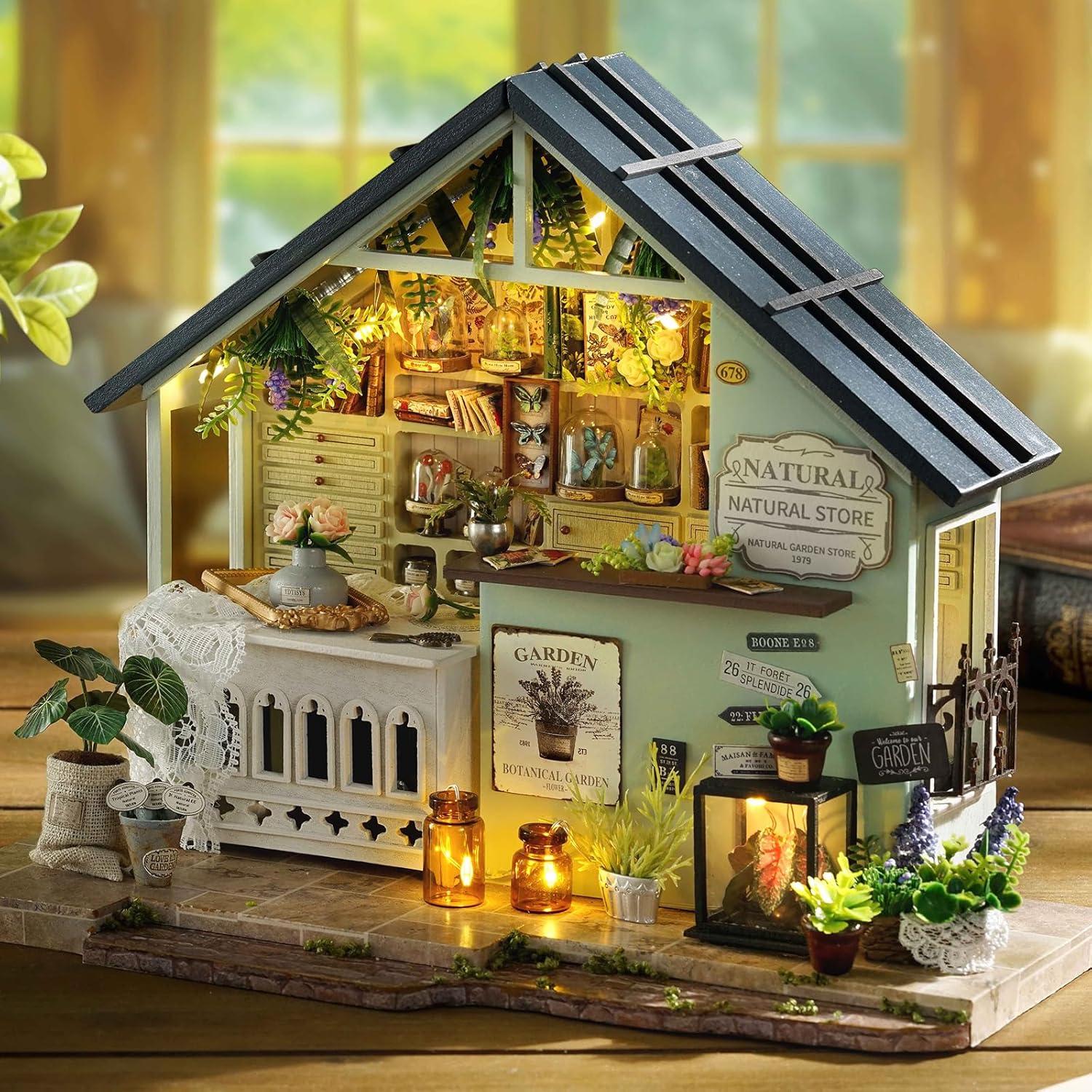 CUTEROOM Miniature House Kits for Adults, Mini Dollhouse Wooden Furniture Kit, DIY Craft Kits Creative Room Tiny House for Decoration- Plants Studio