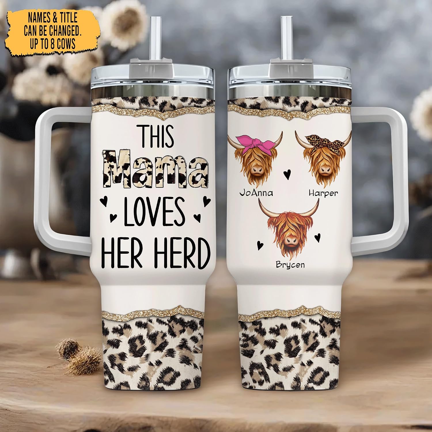 Hyturtle Personalized Gifts For Highland Cow Lover Tumbler 40oz with Handle and Straw - Stainless Steel Travel Coffee Cup With Lid - Cute Farm Animal Lover Gifts For Women, Mom On Birthday Christmas