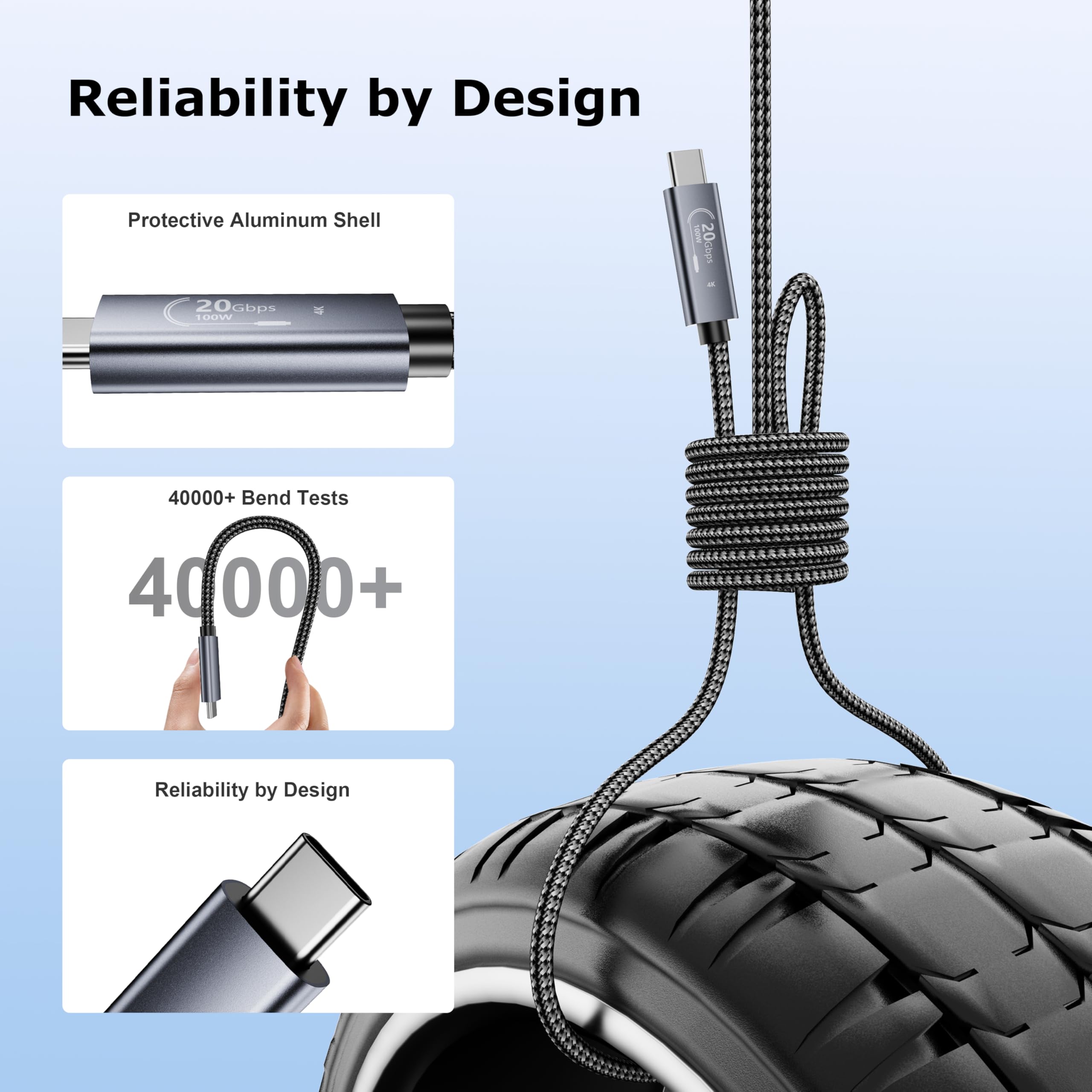 Lot de 2 câbles USB C vers USB C 2 m, tressés, USB C 3.2, 100 W, charge rapide, 20 Gbit/s, transfert de données haute vitesse, 4K @ 30 Hz pour MacBook Air/Pro XPS ThinkPad/X1 Carbon MateBook