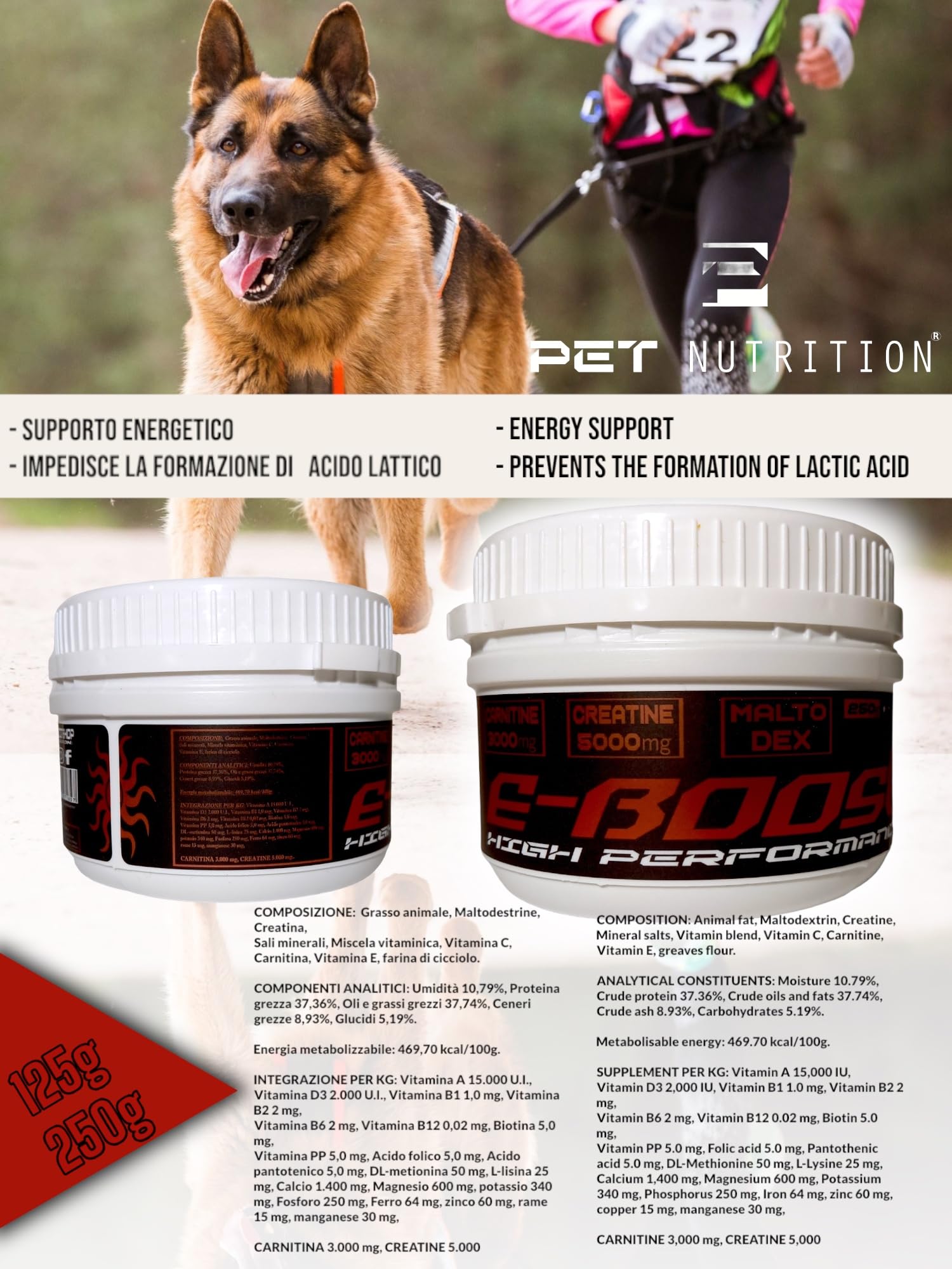 E-BOOST 250 - Suplemento alimenticio para perros deportivos, de caza y que realizan alta actividad física con maltodextrina de liberación lenta para una energía prolongada
