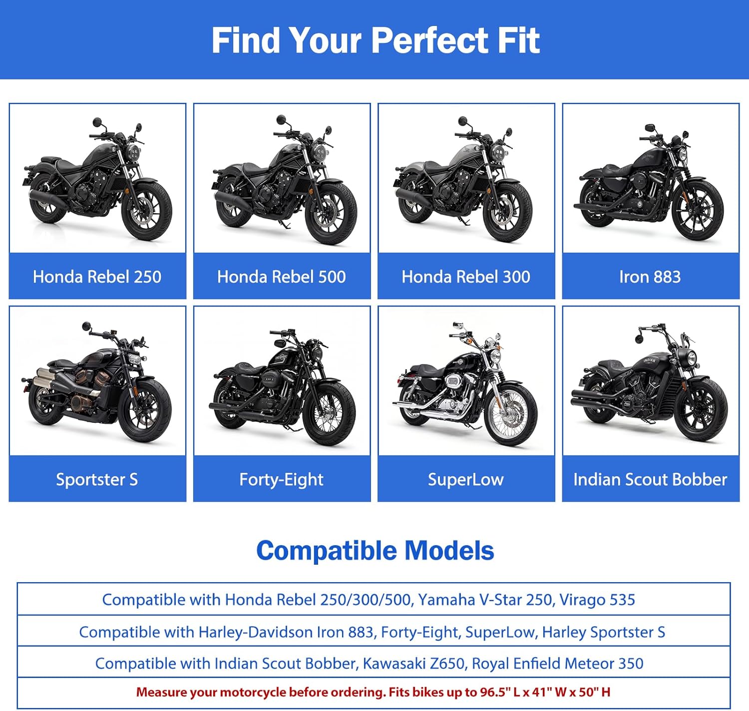 Heavy Duty Motorcycle Cover Compatible with Honda Rebel 500 300 250, Harley Davidson Iron 883,Forty-Eight,Sportster S and More - Waterproof Motorcycle Cover Outdoor Storage