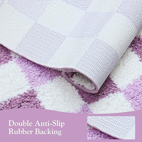 Miniatura 3 de Alfombra de baño a cuadros morados, bonita alfombra de baño súper absorbente, color lavanda, antideslizante, lavable a máquina, tapete de baño largo
