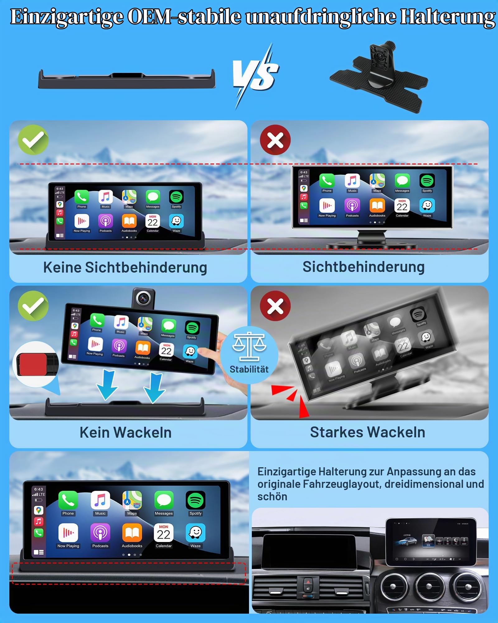 4K Apple Carplay Android Auto Display mit Exklusive Halterung, 350° Drehbare 10,26 Zoll Auto Display Car Play Bildschirm, Buddy Display mit Siri/G-oogle GPS Navigation Bluetooth 64GB TF-Karte