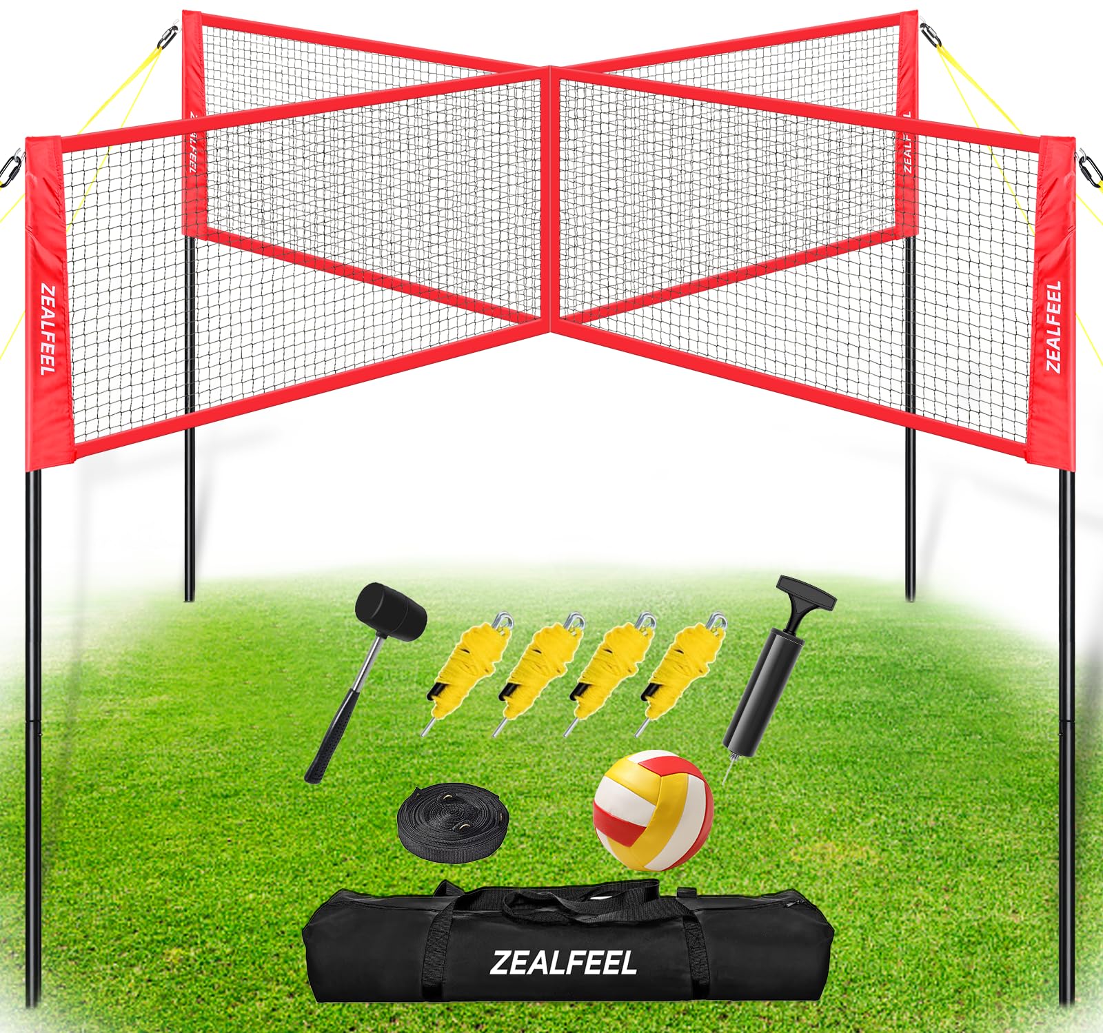 4 Square Volleyball Game Set, 3 Heights Adjustable 4-Way Volleyball Net with Vollyball, Pump, Carry Bag, Hammer, 14 FT 4 Person Net for Backyard Beach Lawn, Great for Family Fun