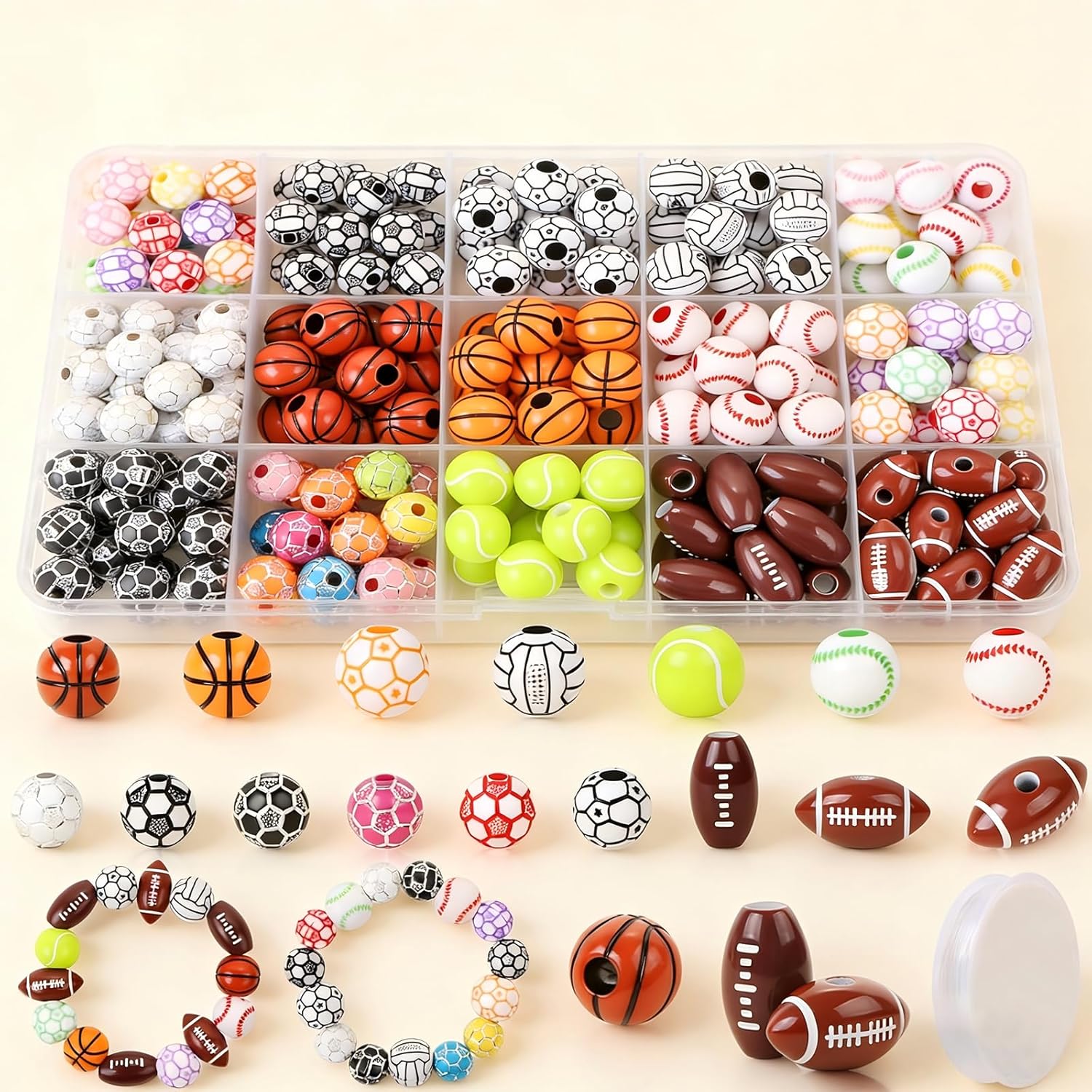 15 Styles Sports Beads Kit for DIY Bracelets, Includes Football Basketball Baseball Tennis Volleyball Soccer Beads with Elastic String & Box