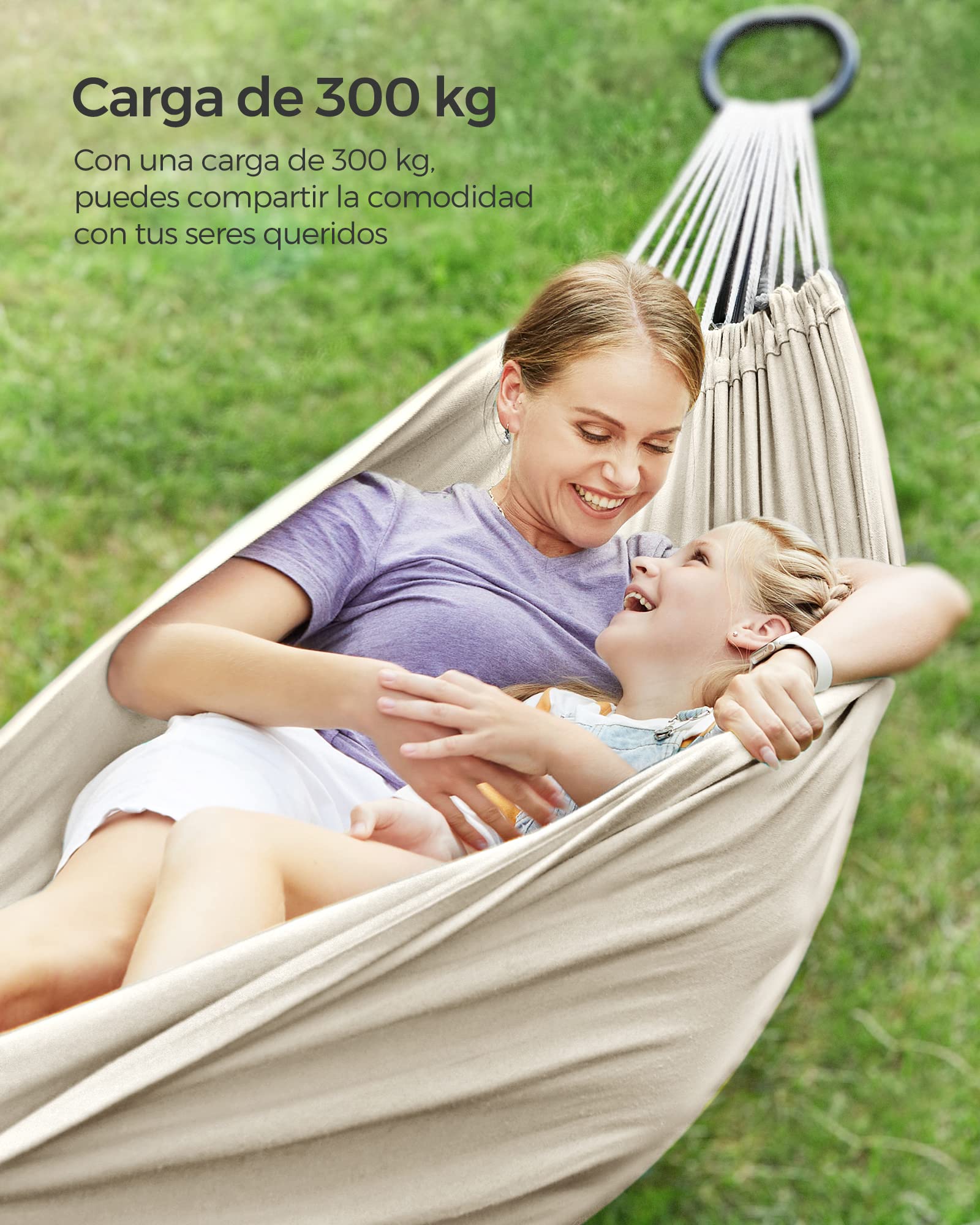 SONGMICS Hamaca, 210 x 150 cm, Hamaca Doble, Carga de 300 kg, para Jardín, Terraza, Balcón, al Aire Libre, Camping, Bolsa de Transporte, Correas de Fijación y Mosquetones, Beige GDC15M