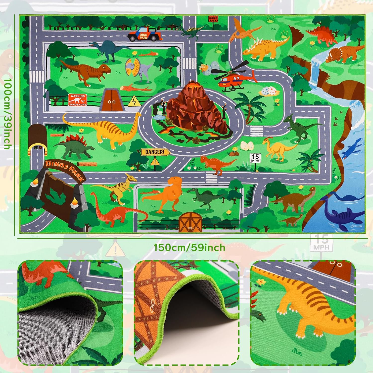 Car Rugs for Kids Toy Cars,59"X39.4" Car Mat for Kid Cars,Non Slip Dino Safari Car Rug Play Mat,Washable Dinosaur Race Track Kid Rugs for Playroom Bedroom Boys,Track Rug Car Play Carpet for Kids