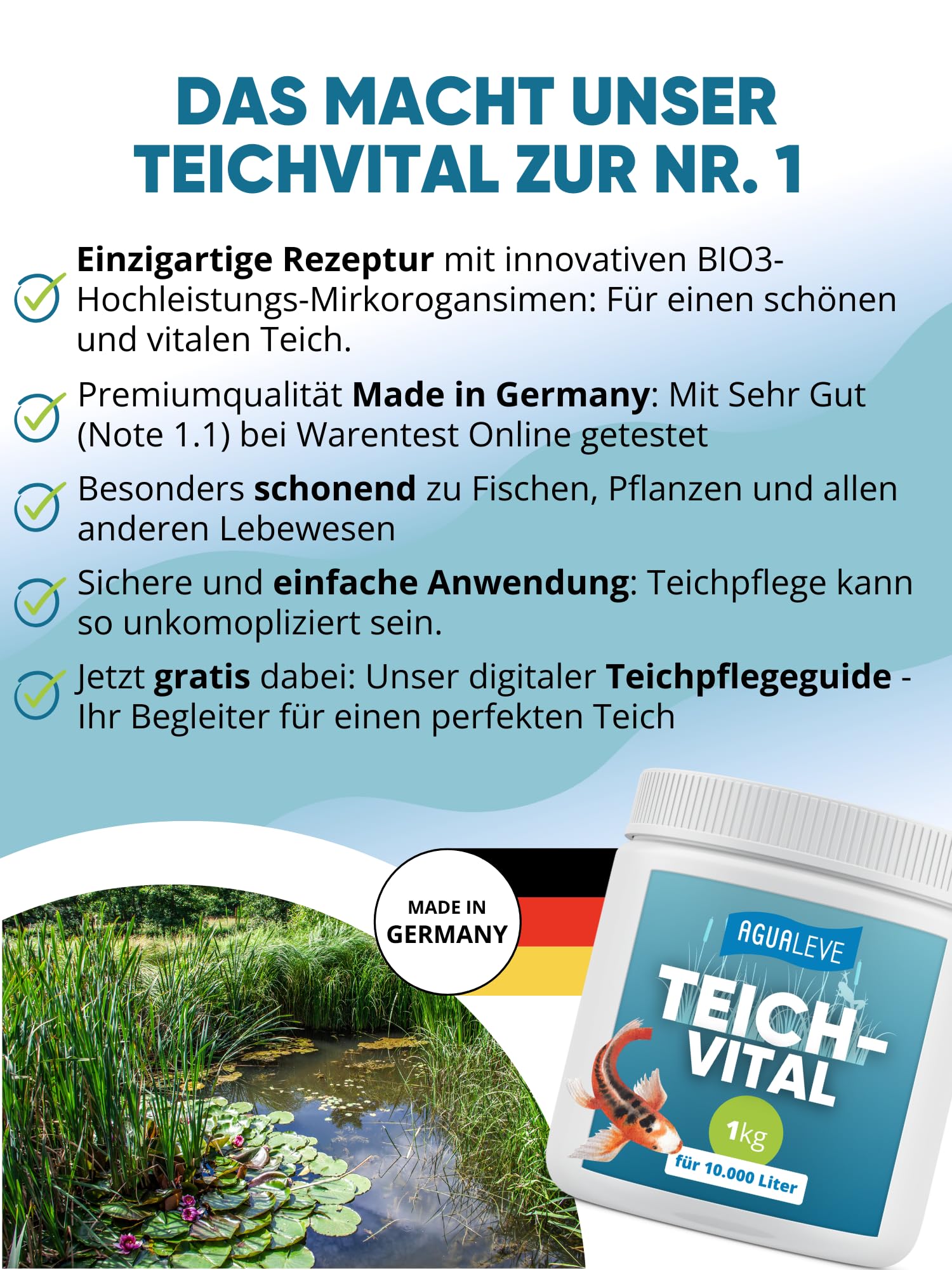 AGUALEVE® Teichvital 1kg *NEU* | der Fittmacher für jeden Teich mit innovativen BIO3-Hochleistungs-Mikroogransimen | für Fisch-, Garten- & Schwimmteiche | Made in Germany | für 10.000l Teichwasser