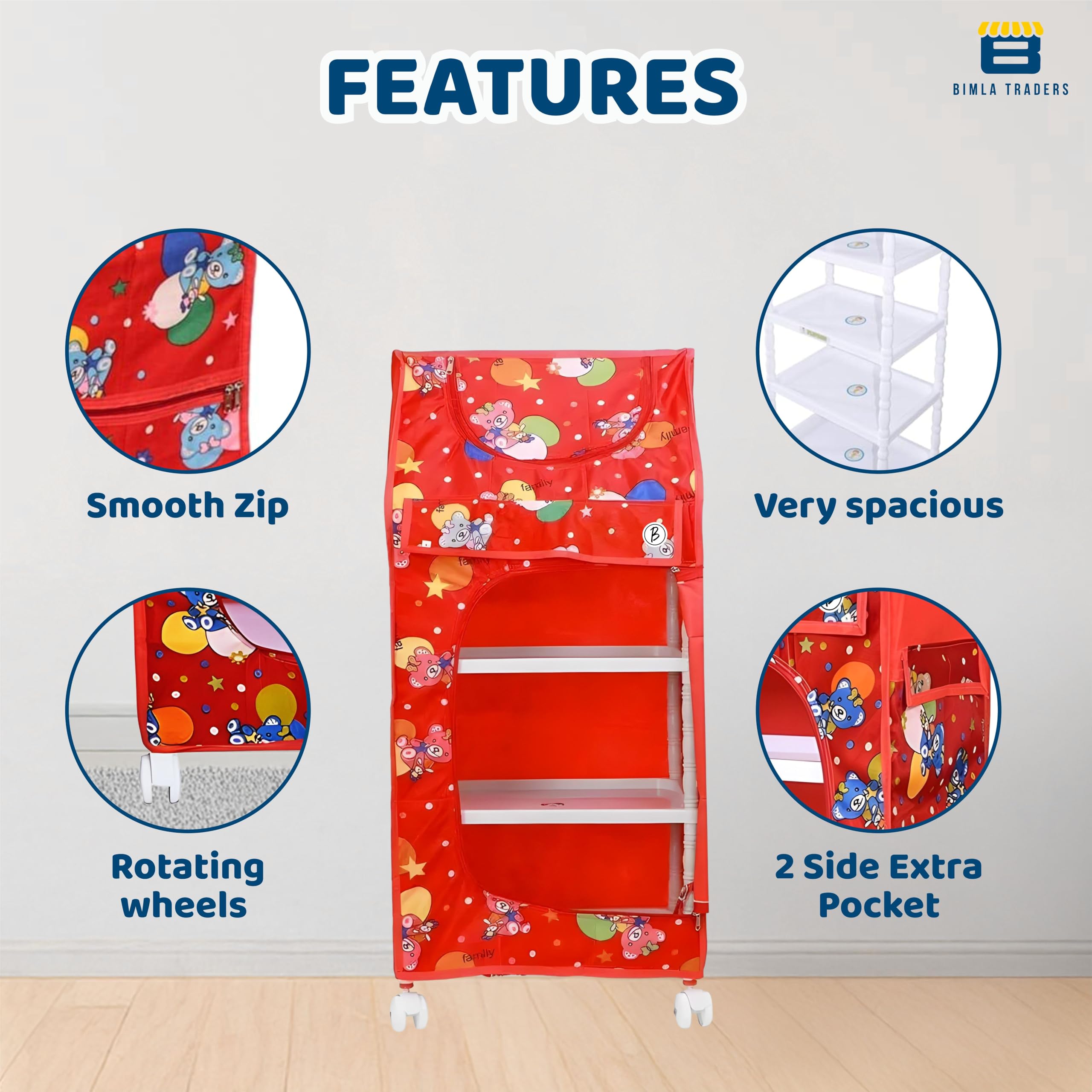 BTfash Kids Almirah β Lightweight, Collapsible Storage Organizer for Clothes, Books, Shoes & Toys | Multipurpose Baby Wardrobe (4 Tray_Red) 2