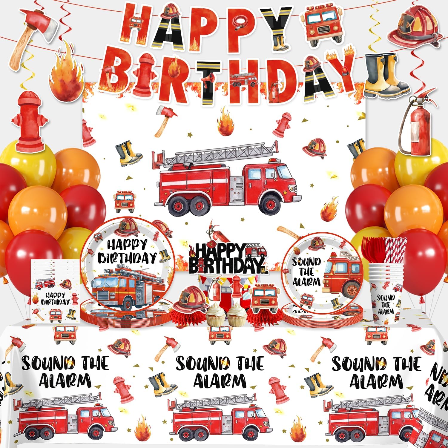 356Pcs cocomigo Firetruck Birthday Decorations Tableware Set, 50 Serves