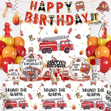 206Pcs cocomigo Firetruck Birthday Decorations Tableware Set, 25 Serves | No assembly disposable plates & napkins set, cake topper, centerpieces, banner, tablecloth, for boys firetruck birthday party