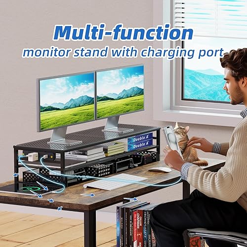 Miniatura 6 de Simple Trending Soporte elevador de monitor de metal de 2 niveles con USB 2.0 y soporte de carga, organizador de escritorio de oficina para