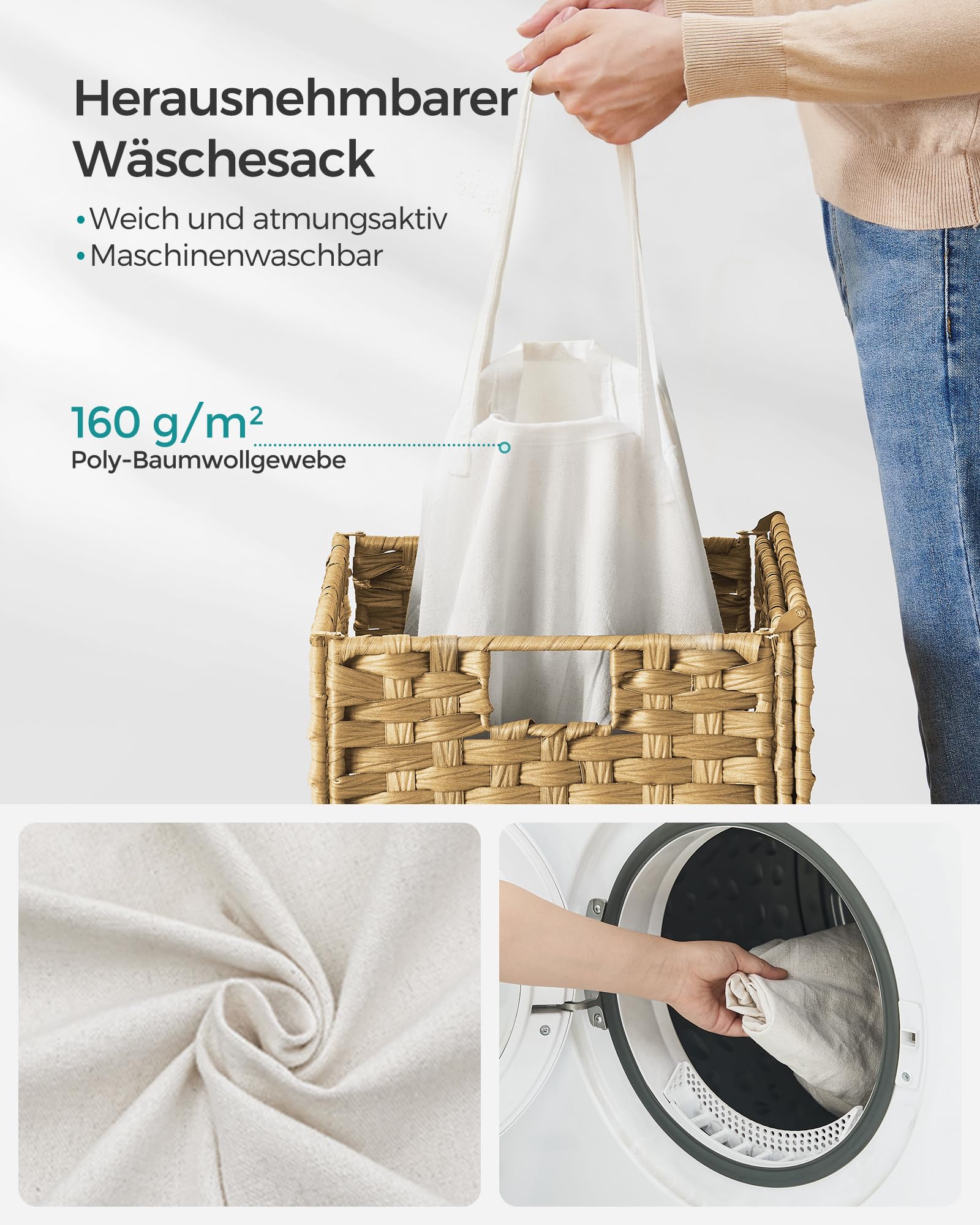 SONGMICS Wäschekorb, Wäschesammler 90 L, Wäschebox aus synthetischem Rattan, mit Deckel und Griffen, geflochten, faltbar, herausnehmbarer Wäschesack, pastellgelb LCB51NL