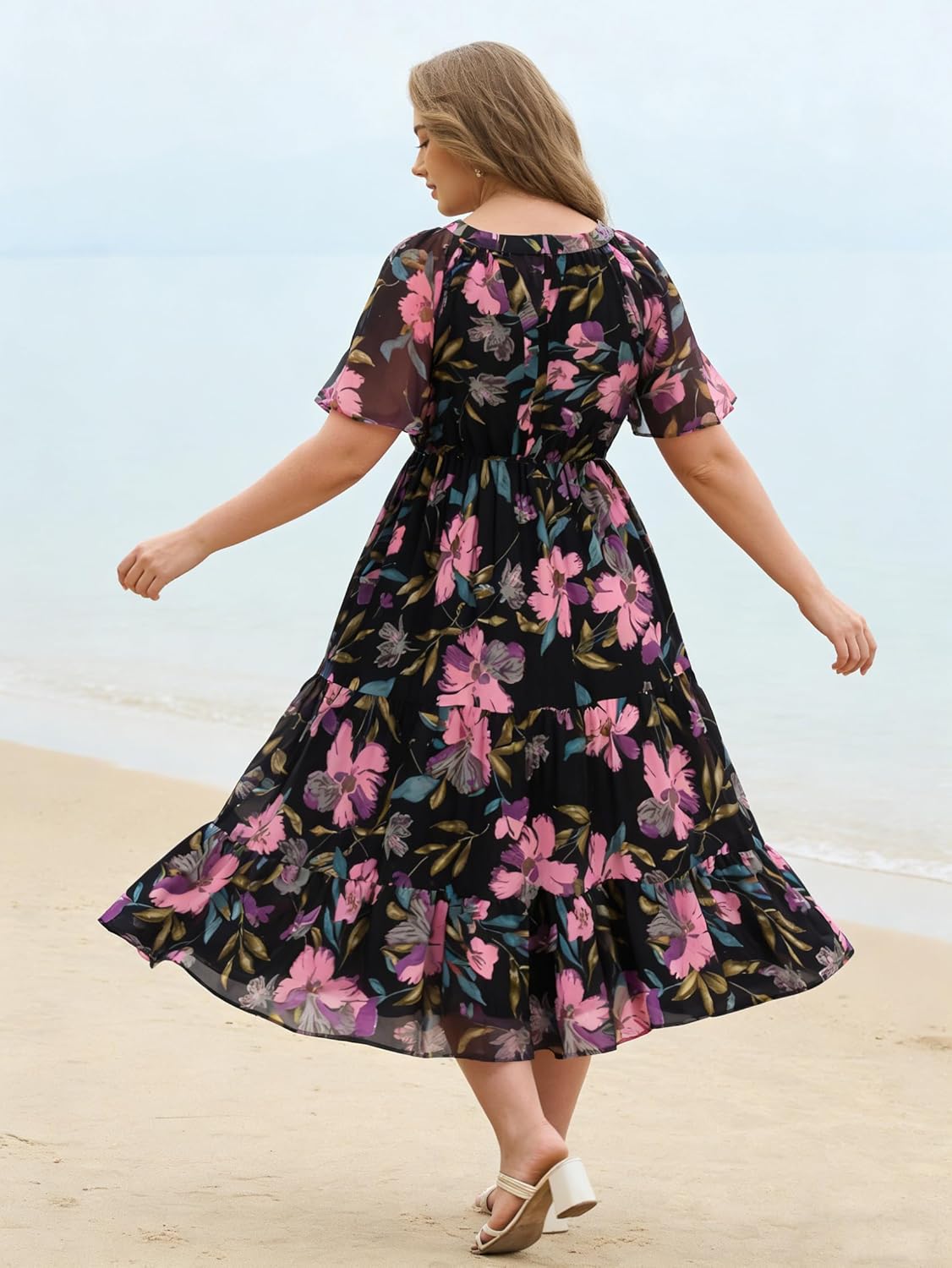 RITERA Plus Size Summer Dresses Short Sleeve V Neck Flowy Midi Dress Chiffon Boho Floral Beach Party Wedding Guest Dress - Image 3