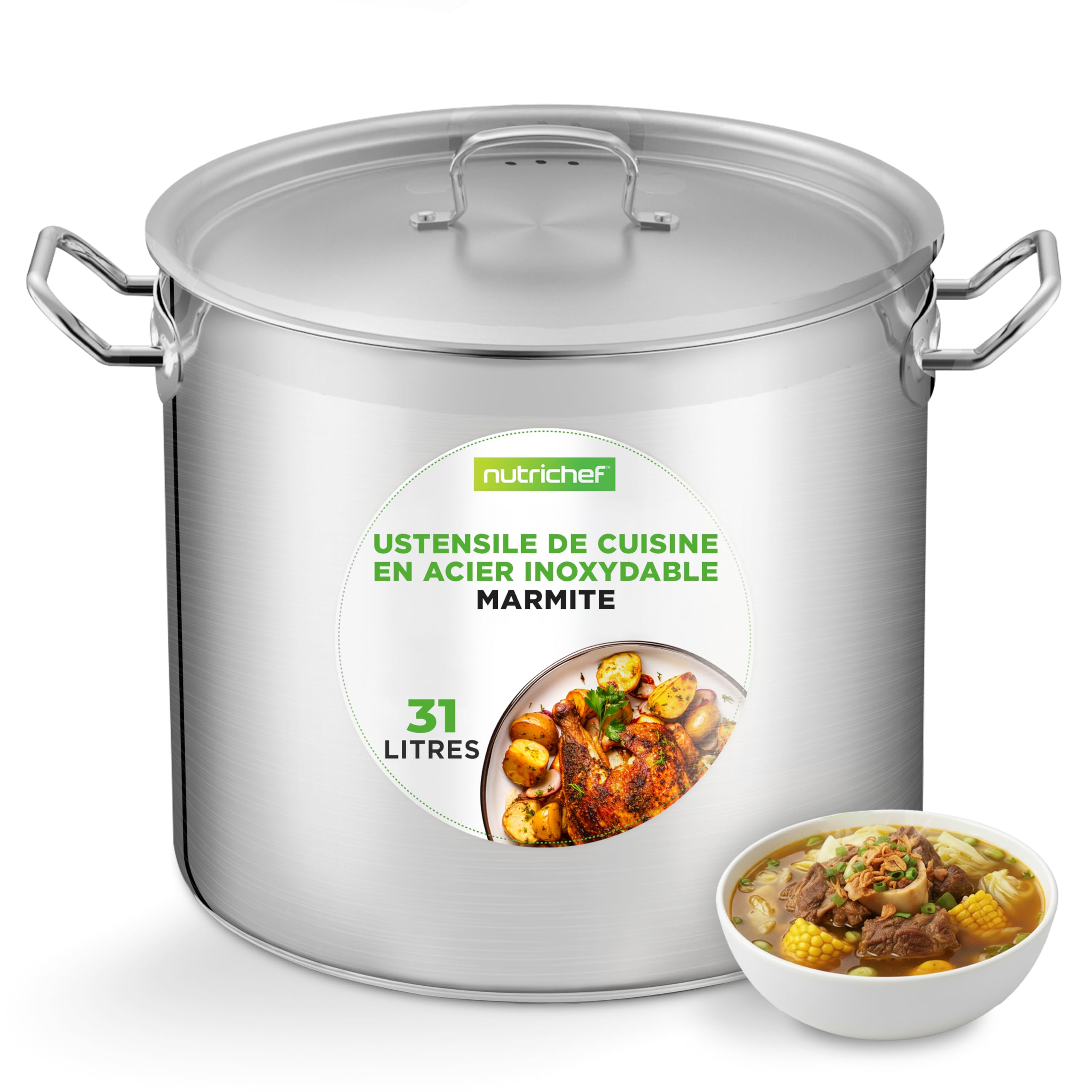 NutriChef Marmite Inox 35 QT (31 L) avec Couvercle – Grande Marmite à Soupe, Faitout Inox Tous Feux dont Induction – Grande Capacité Acier Inoxydable
