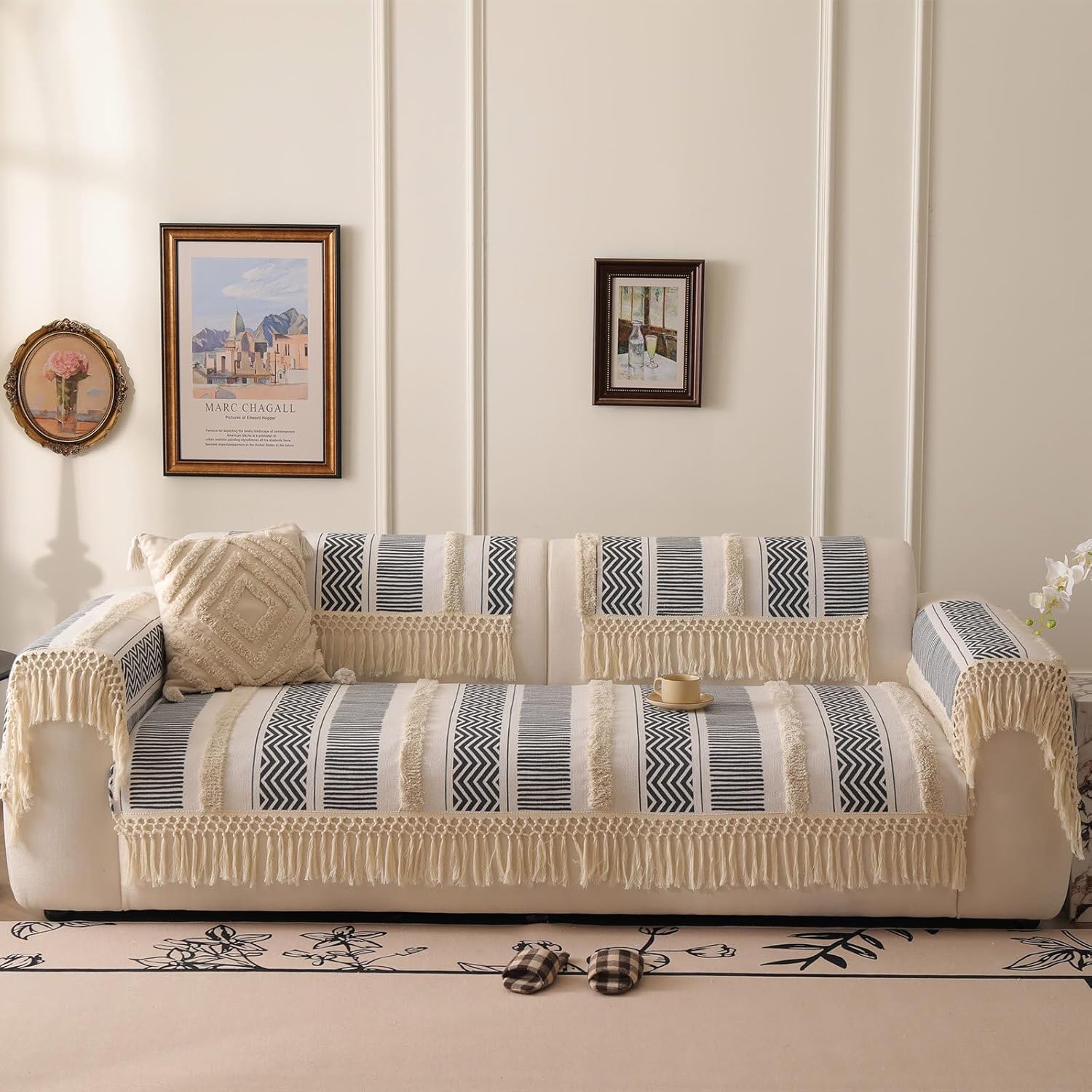 VClife Boho Couch Cover Cotton Linen Tufted Sofa Cover with T***el, Dog Couch Cover for 3 Cushion Couch Sofa Non Slip Sofa Cover for Living Room, 35.4x70.9 inch 3 81TcPAMKyWL. AC SL1500