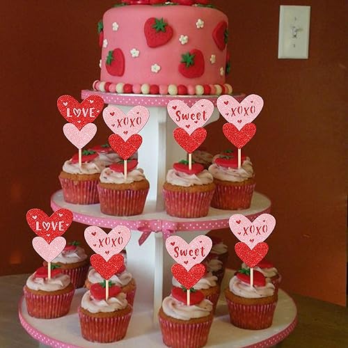 Miniatura 5 de 24 piezas de decoración para cupcakes para el día de San Valentín con purpurina roja y rosa dulce amor, decoración de pastel de corazón de doble