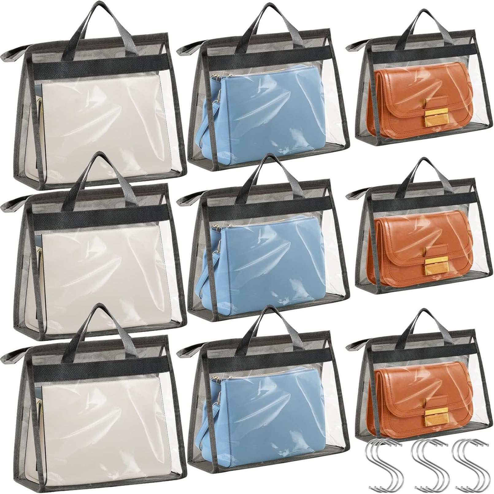 Incisite 9 Pcs 9 Pieces Storage Organizer For Handbags, 3 Sizes Dust Bags For Handbag Storage, Clear Handbag Storage Bag With Zipper And Handles, Purse Storage Organizer,Dustproof & Moistureproof (Gray)