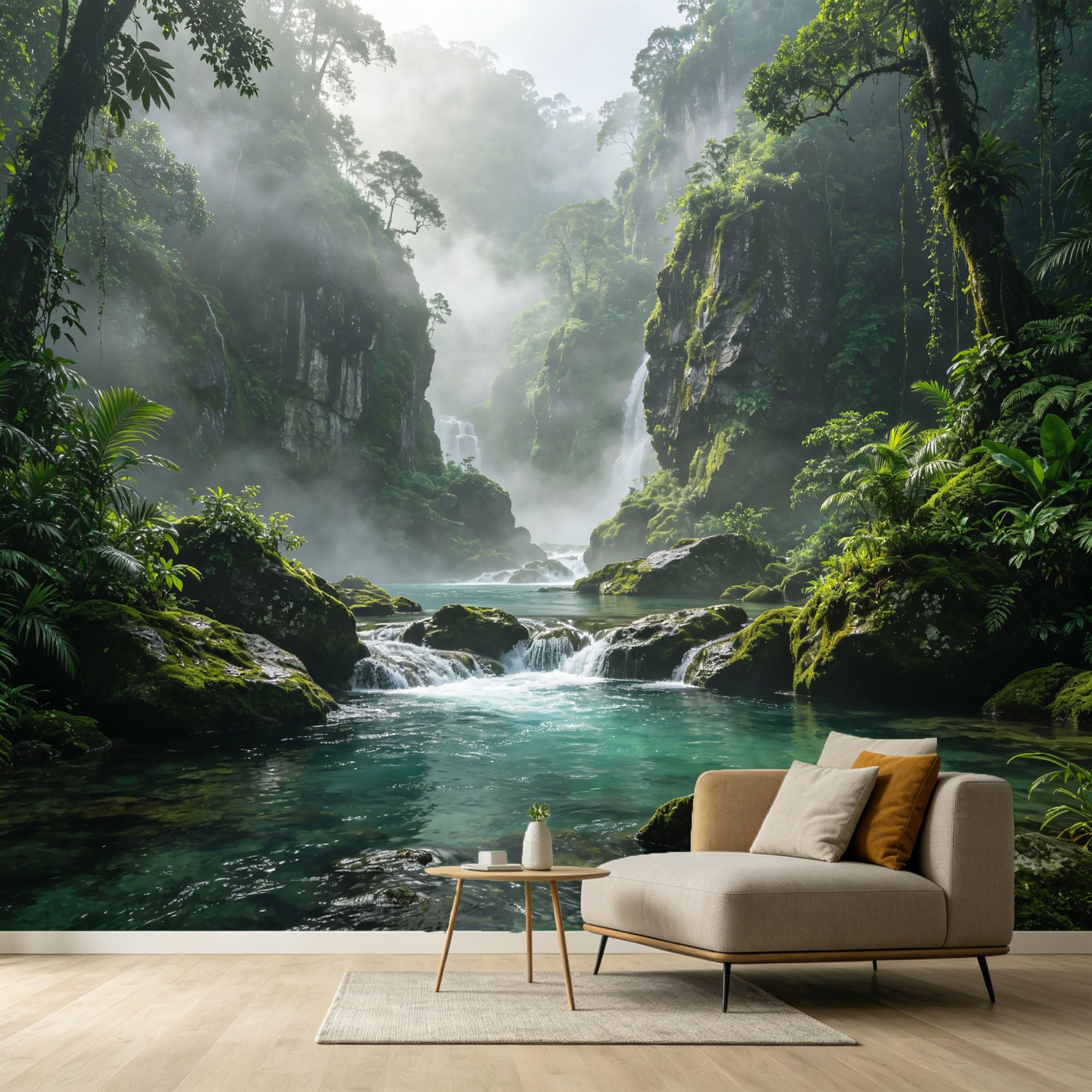 Custom Size Wall Murals Tropical Jungle Waterfall Landscape Mist Mountain River SelfAdhesive Wall Fabric Removable Large Wallpaper for Photo Living Room