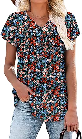 KISSMODA Tops for Womens Summer Cute Short Sleeve Shirts Trendy Notched Neck Blouses Casual Loose Pleated Tunics S-3Xl