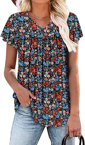 KISSMODA Tops for Womens Summer Cute Short Sleeve Shirts Trendy Notched Neck Blouses Casual Loose Pleated Tunics S-3Xl