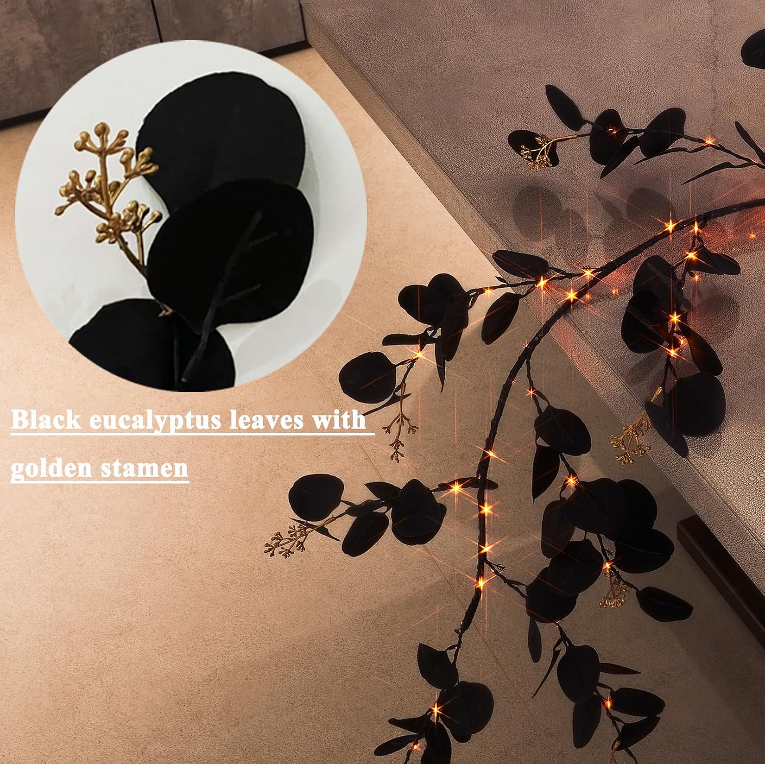 Hairui Lighted Black Eucalyptus Garland with Timer 96 LED Orange and Warm White Fairy Lights,Halloween Garland with Lights 6FT Battery Operated with 10 Functions for Fireplace Halloween Decoration