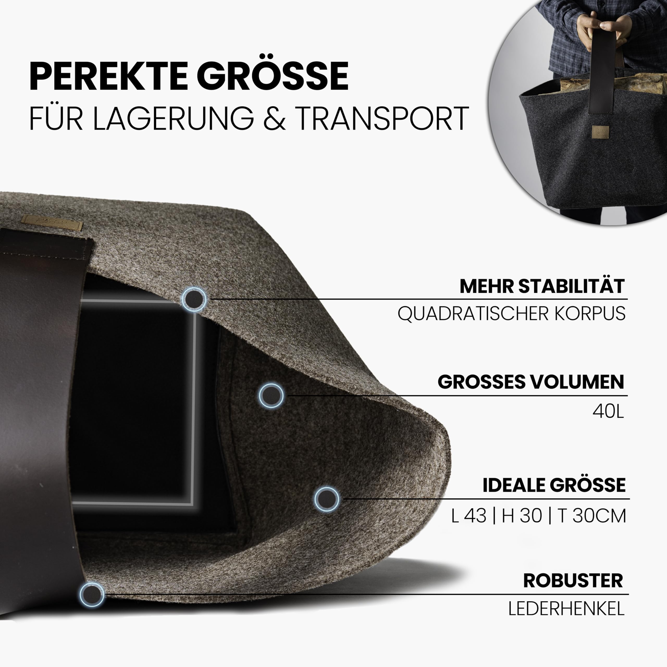 Panier à bois de cheminée en feutre Designer 40L Fabriqué en Allemagne Beige
