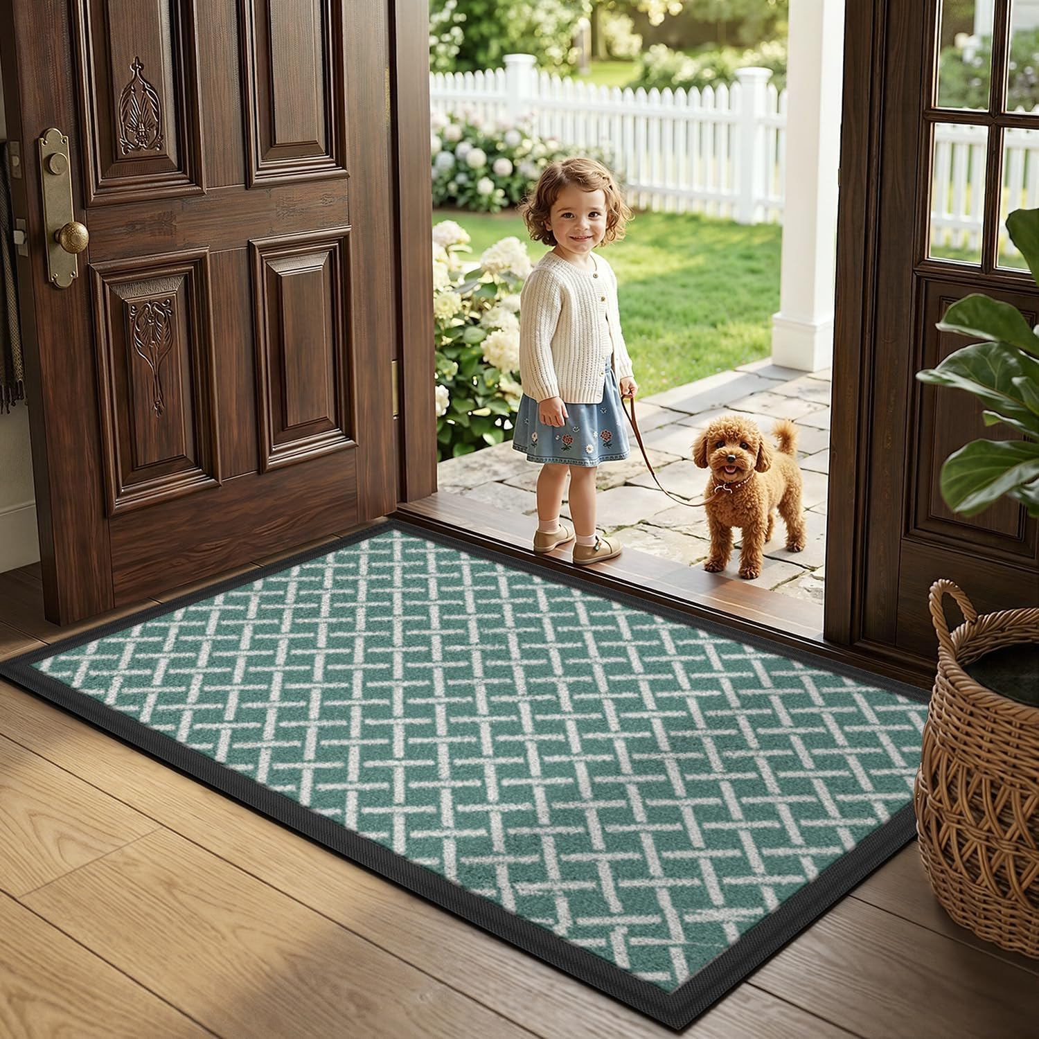 LUMI Front Door Mat 24x36, Low-Profile Non-Slip Welcome Mat for Indoor Outdoor, Stain & Fade Resistant Geometric Door Mat for Entryway Patio Porch, Grid-Teal