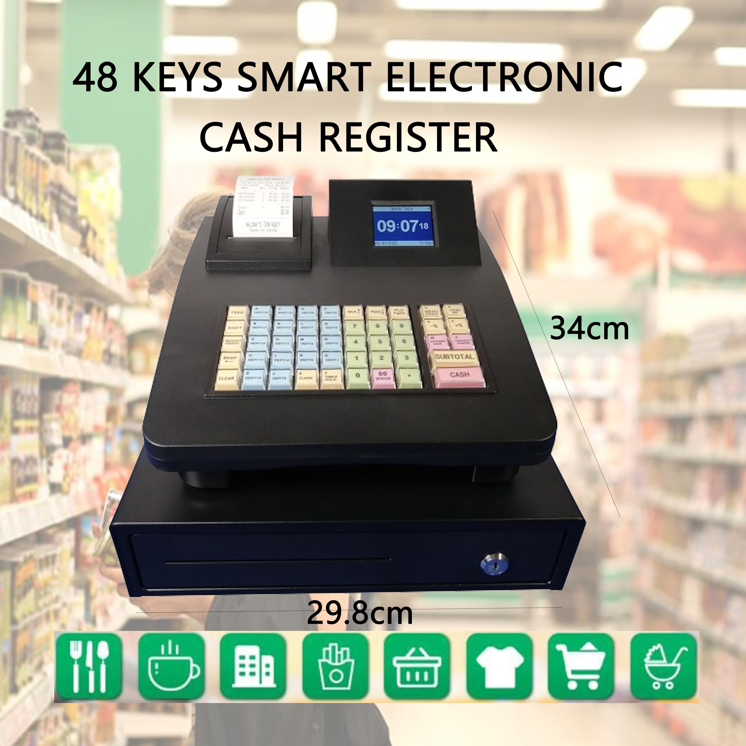 Caja Registradora Electrónica de 48 Teclas, Caja Registradora para Pequeñas Empresas, Cajas Inteligentes con Impresora Térmica, con Pantalla Principal y Pantalla de Cliente, Negra