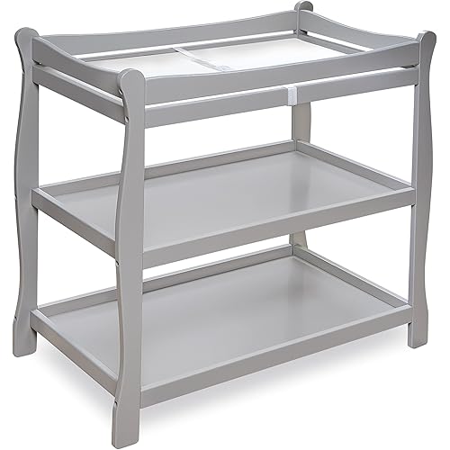 Badger Basket Sleigh Style Baby Changing Table - Nursery Diaper Station with Safety Rails, Foam Pad, and Two Storage Shelves - Nursery Organizer - Gray