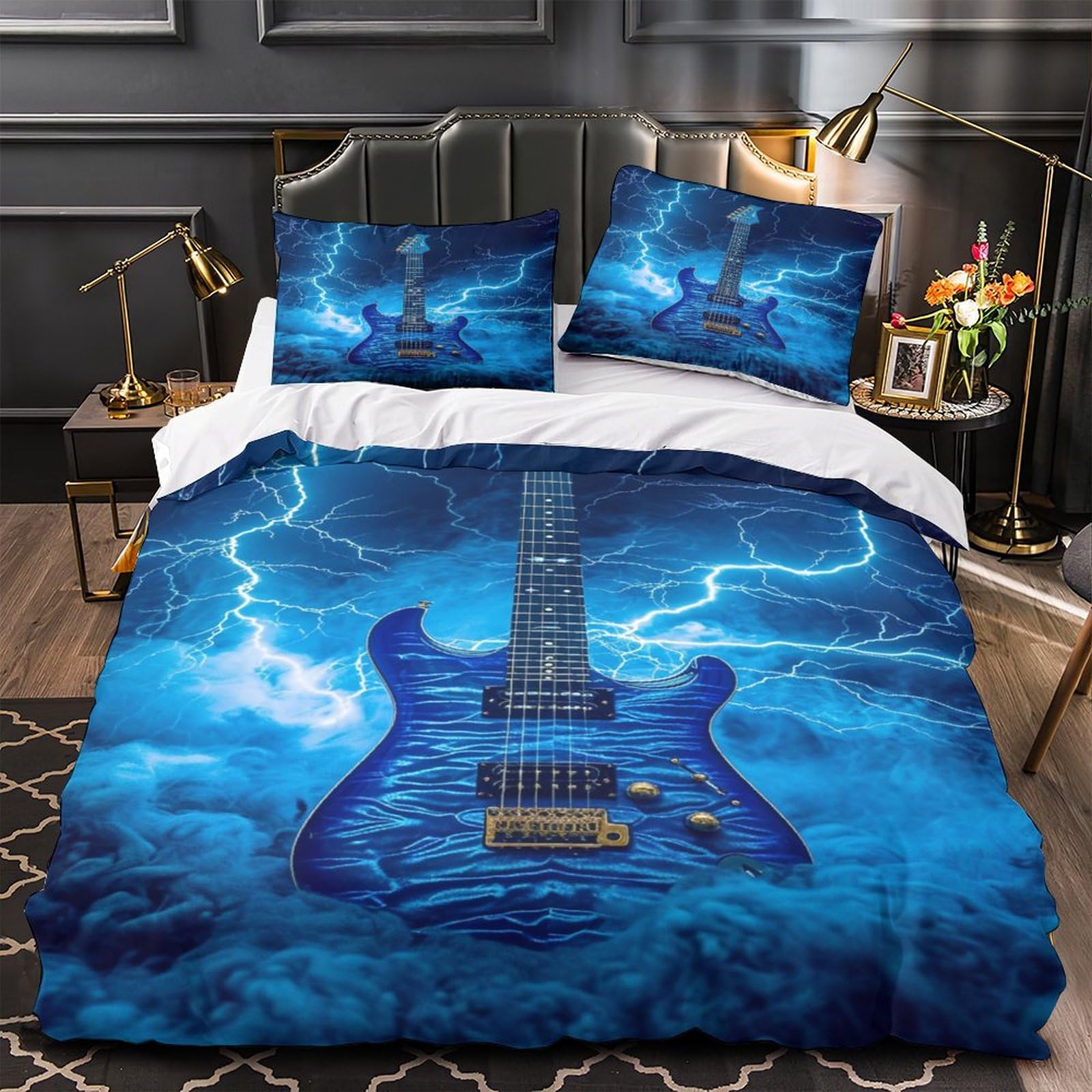 Copripiumino E Federe In Microfibra Stampato 3D Tema Chitarra Rock, Con Cerniera, Per Letto Singolo