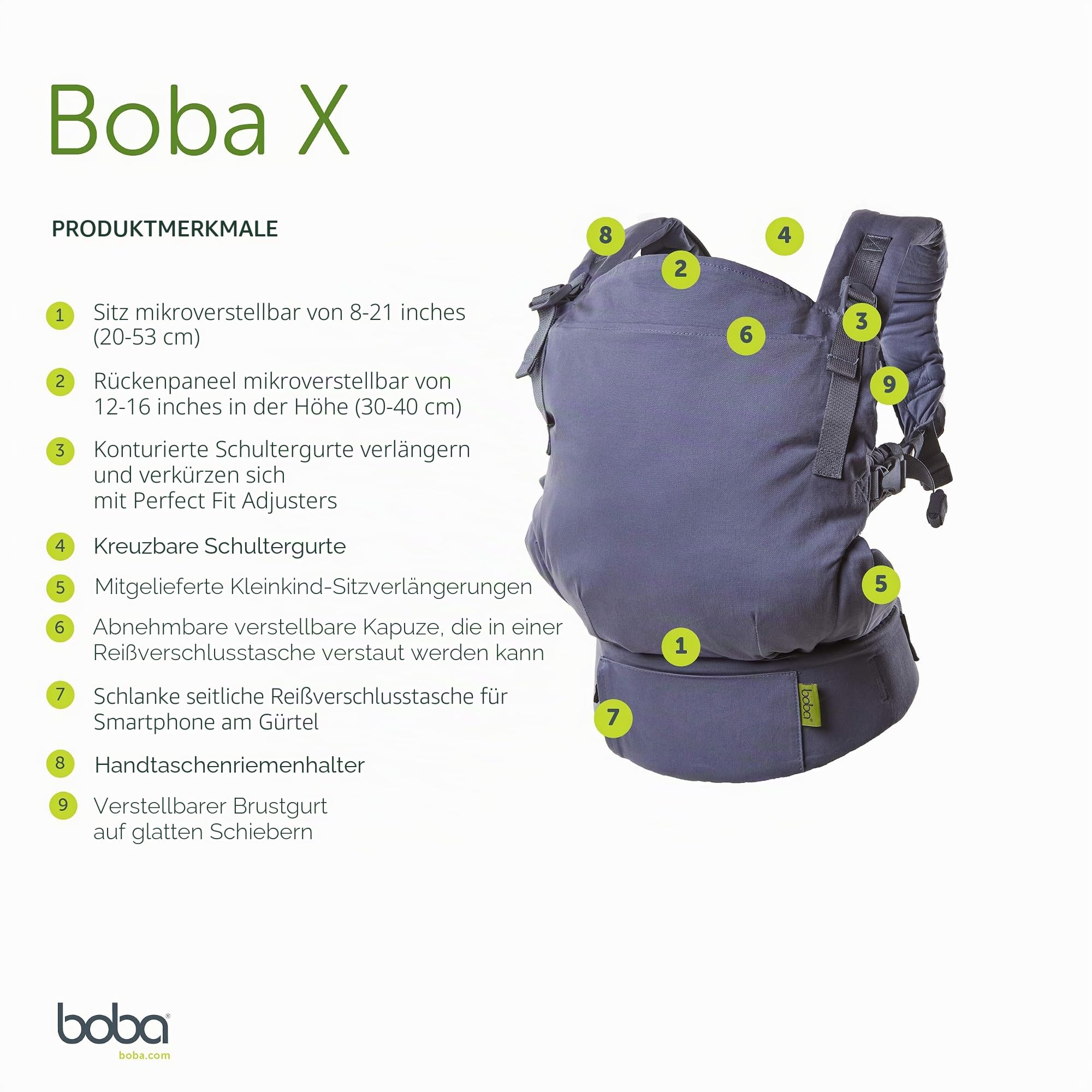 Boba X Ergonomische Babytrage Neugeborene-Kleinkind, Bio Atlantik | Voll Verstellbares Panel & Gurte, mitwachsend von 3-20 kg, Gepolsterte Schultergurte, Bauch- & Rückentrage für jede Figur.