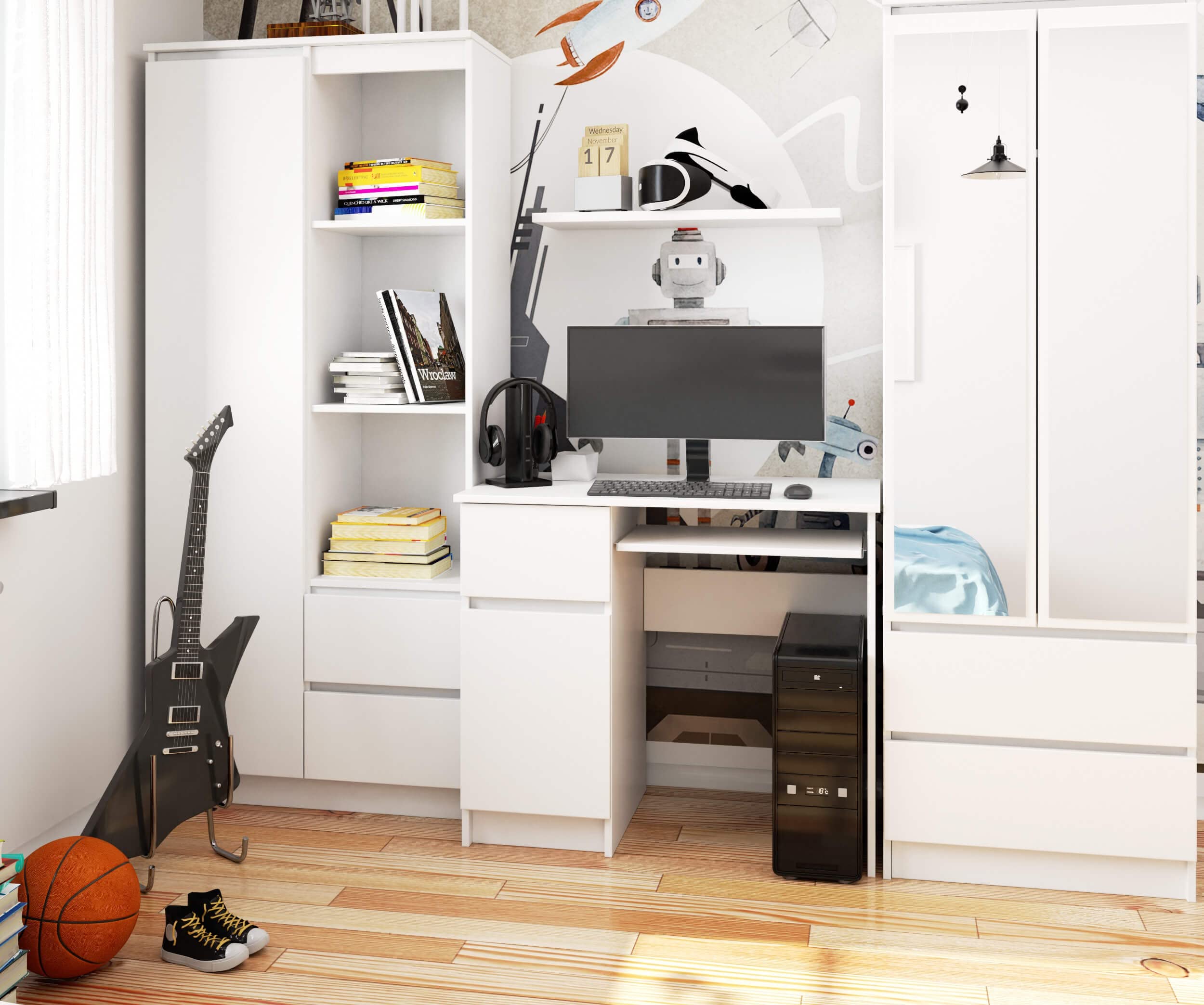 AKORD Bureau Ordinateur Piksel avec Tablette Coulissante Clavier | Simple avec Rangement | 1 Tiroir et 1 Compartiment avec Porte | Desk | Table d’Ordinateur | L90 x H77 x P50 cm | Blanche