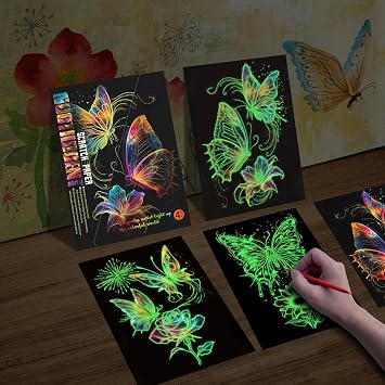 KSIWRE 4 Sheets Scratch Art for Adults & Teens,Beautiful Night View Scratch Painting,Glow in The Dark Rainbow Scratch Paper(Butterfly)