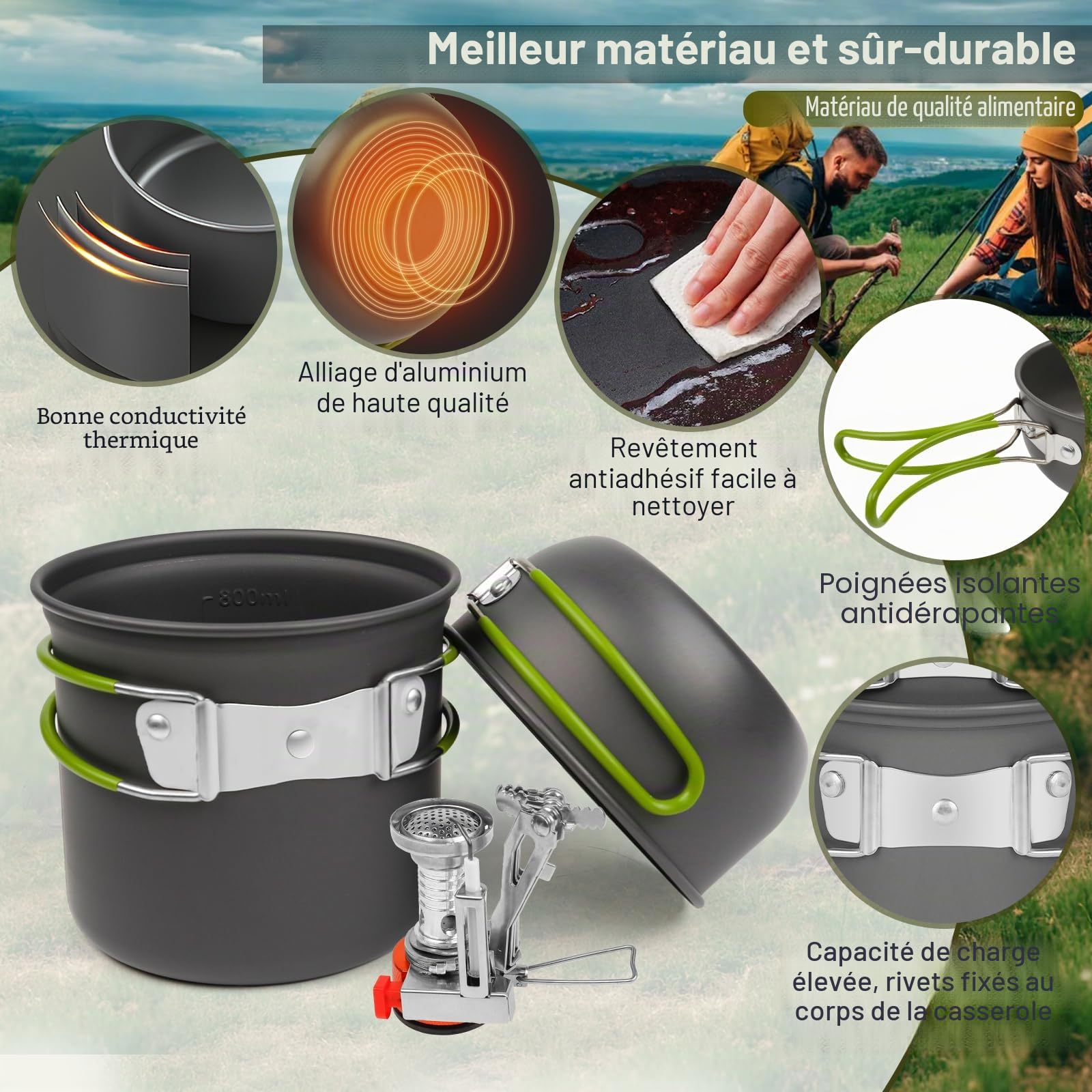 Réchaud de Camping et Casserole - Cuisinière Portable de randonnée avec brûleur à gaz Propane et Butane pour Bouteille de gaz à allumage piezo