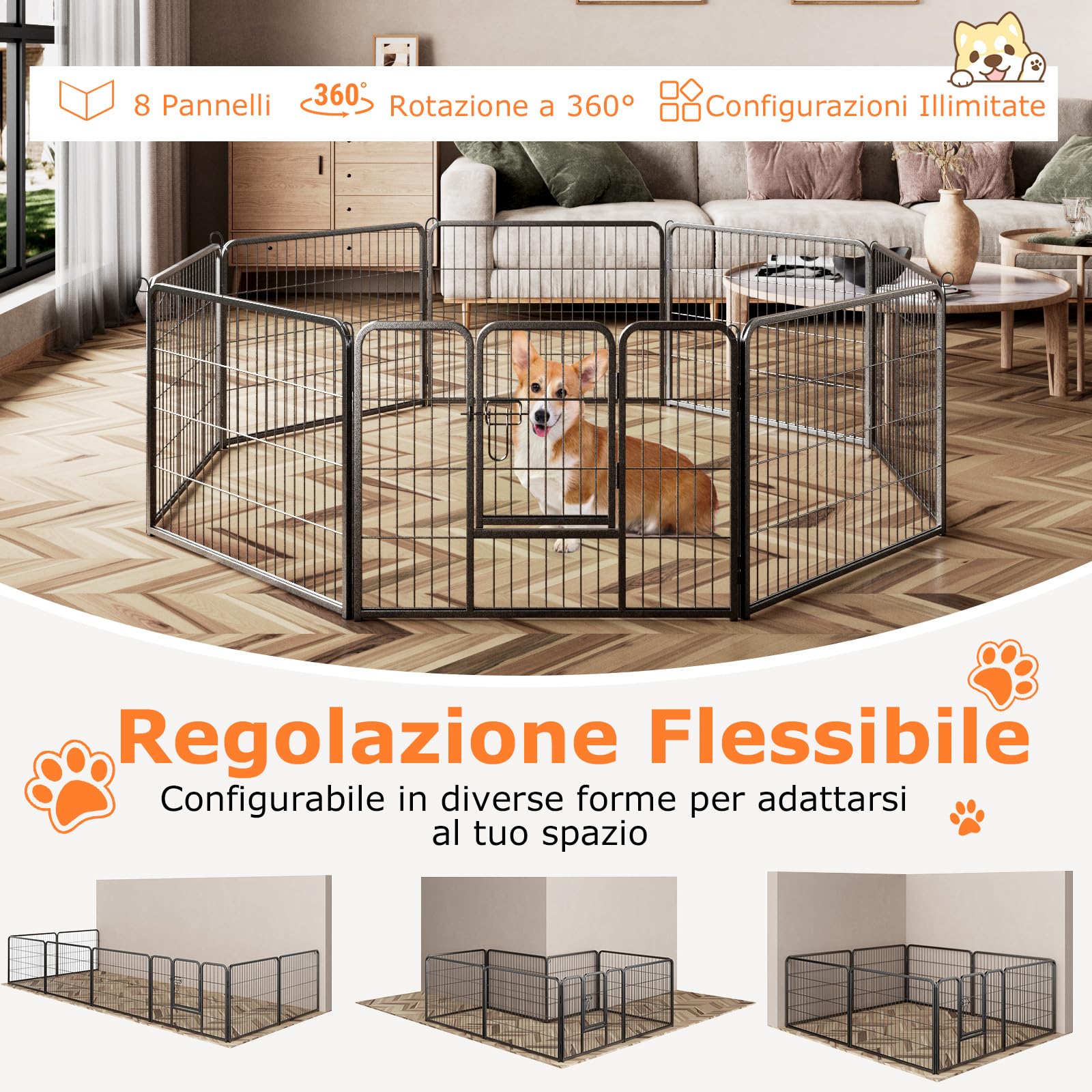 COSTWAY Recinto per Cani Interno ed Esterno, 8 Pannelli Altezza 60 CM Recinzione per Piccoli/Medi Animali/Coniglio/Gatto, Cancelletto Portatile Pieghevole con Porta (190 x 60 cm)