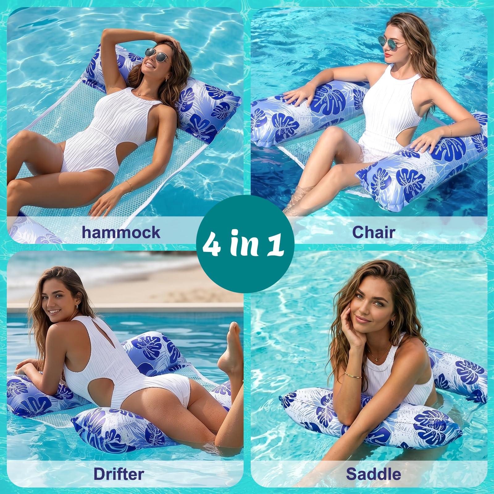 3 Stück Luftmatratze Wasser mit 2 Luftpump und 2 Getränkehalter，4 in 1 Wasserhängematte mit Netz Aufblasbare Schwimmsessel Wasser Matratze Pool Zubehör Liege Sofa Stuhl Sitz Erwachsene Kinder Stabil