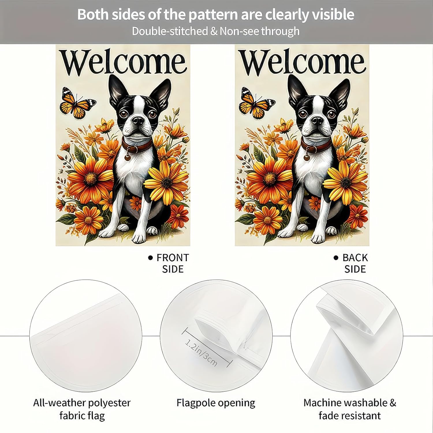 Thanksgiving Fall Garden Flag 12x18 Inch Welcome Boston Terrier Dog Outdoor Flag Double Sided Autumn Yard Banner with Sunflowers and Butterfly Decor for Porch Lawn Patio - Image 6