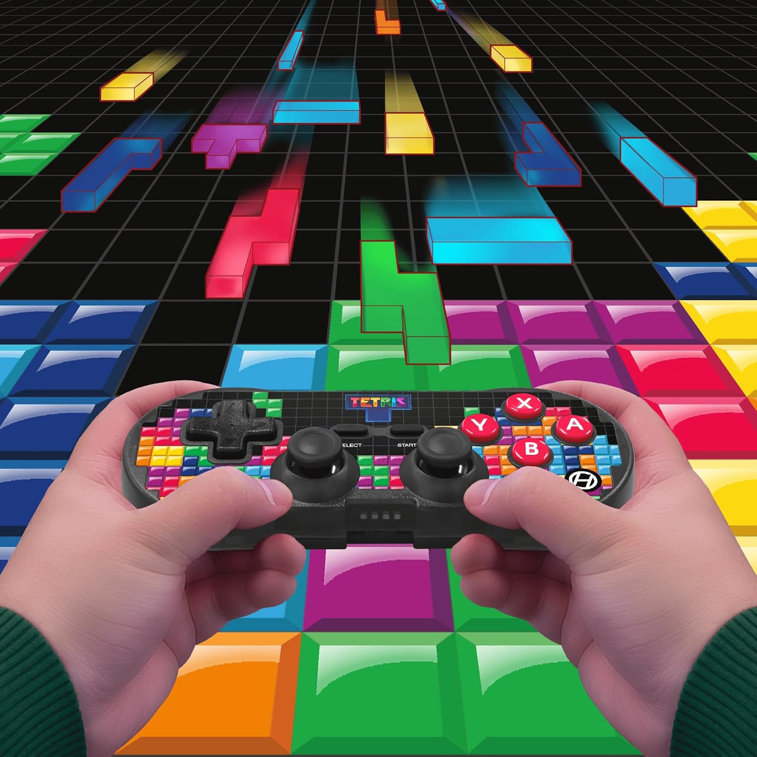 Hands holding Hyperkin Pixel Art Bluetooth Controller with Tetris game background