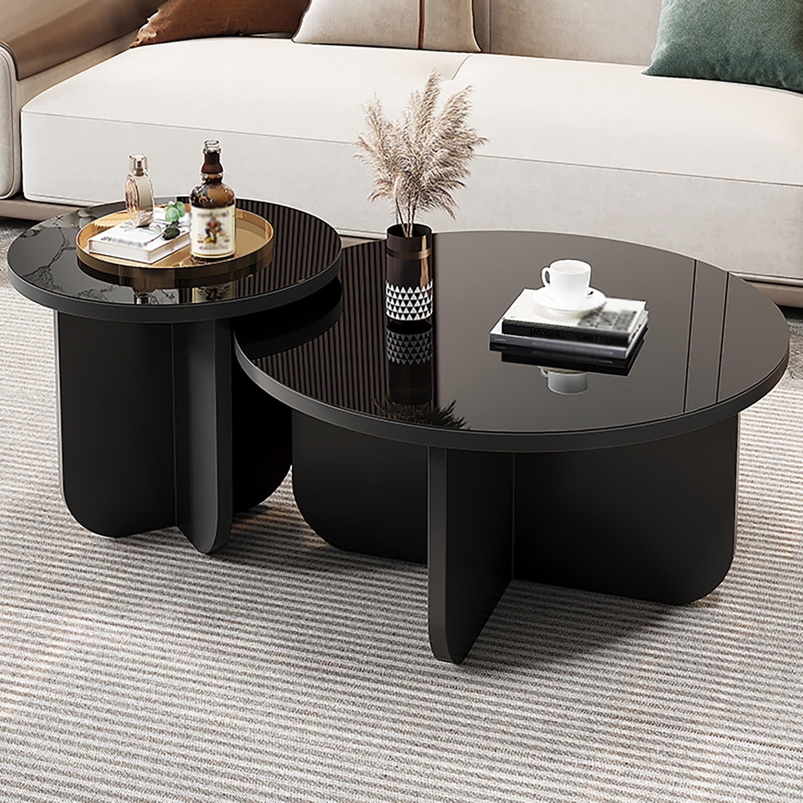 Set 2 Tavolini Rotondi In Legno E MDF Con Motivo Pavone Dorato, Stile Retrò, Diametri 40 Cm E 34 Cm, Impilabili Per Soggiorno, Camera E Ufficio