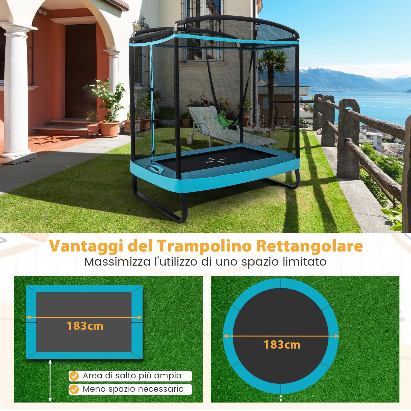 COSTWAY Tappeto Elastico per Bambini da Esterno ed Interno, Trampolino Rettangolare 190CM con Altalena e Rete di Sicurezza per Bambini più di 3 Anni, Portata 100kg